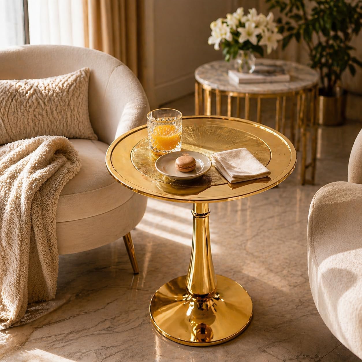 Gold Round End Table Modern Metal Accent Side Table with Embossed Top & Pedestal Base for Living Room, Bedroom, Entryway or Hallway, Electroplated Aluminum Design 15" x 22" Inch