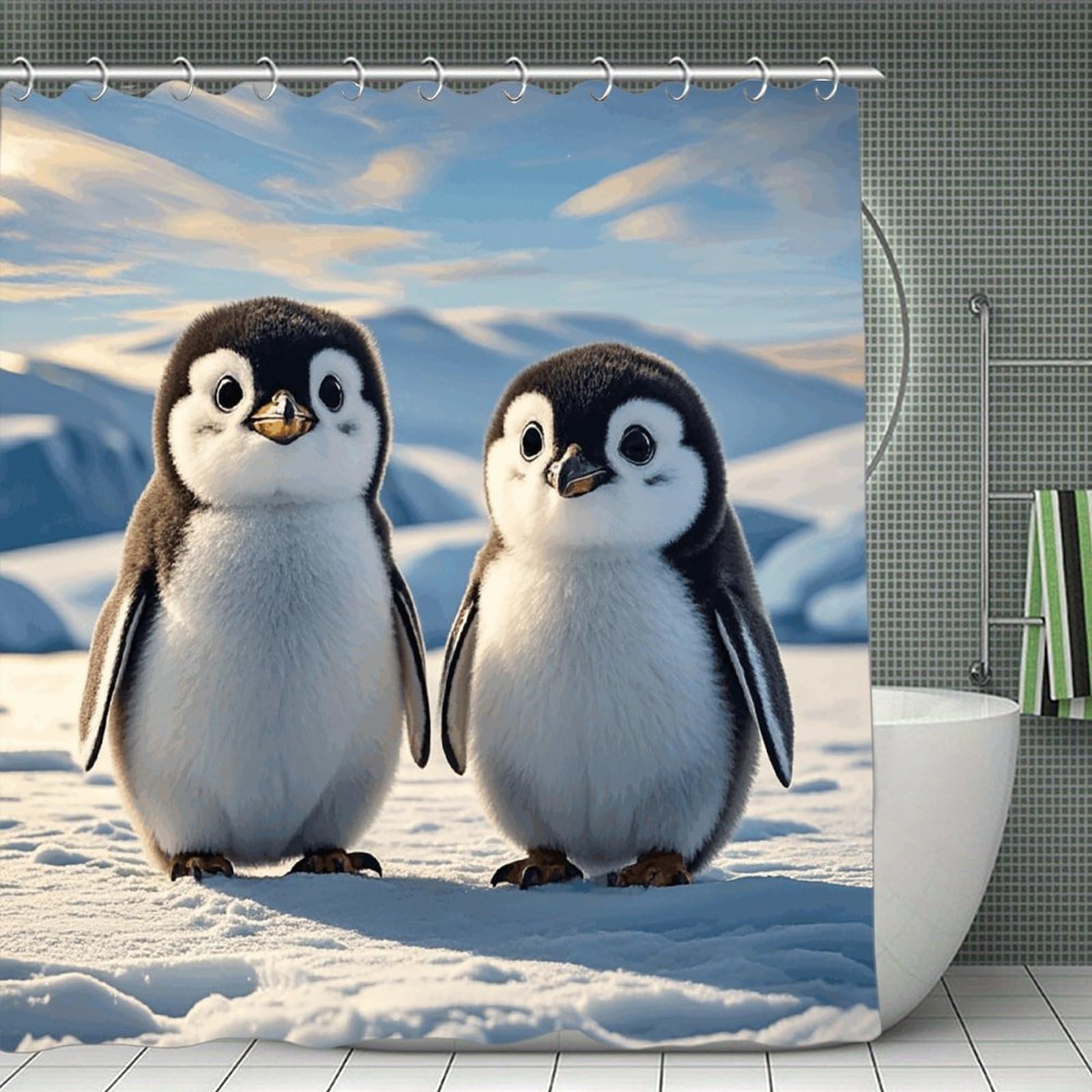 FekiLoot Cute Penguins Shower Curtain Minimalist Thick Bathroom Curtain Washable Modern Bathroom Shower Curtain Heavy Duty Waterproof Cloth Bath Curtain with Hooks 70.8"x70.8"