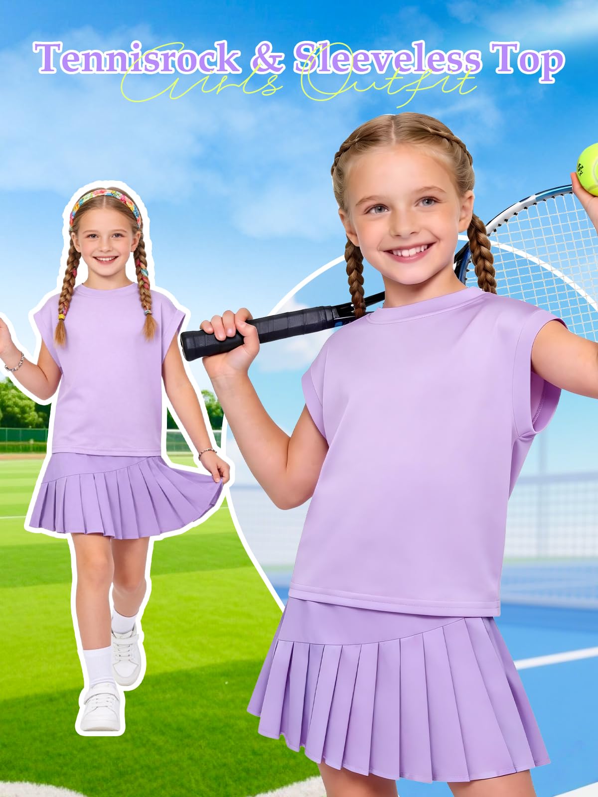 Traje de tenis para niña, camiseta sin mangas y falda de tenis, falda plisada con bolsillos interiores, traje deportivo para golf, bádminton y monopatín — view 2