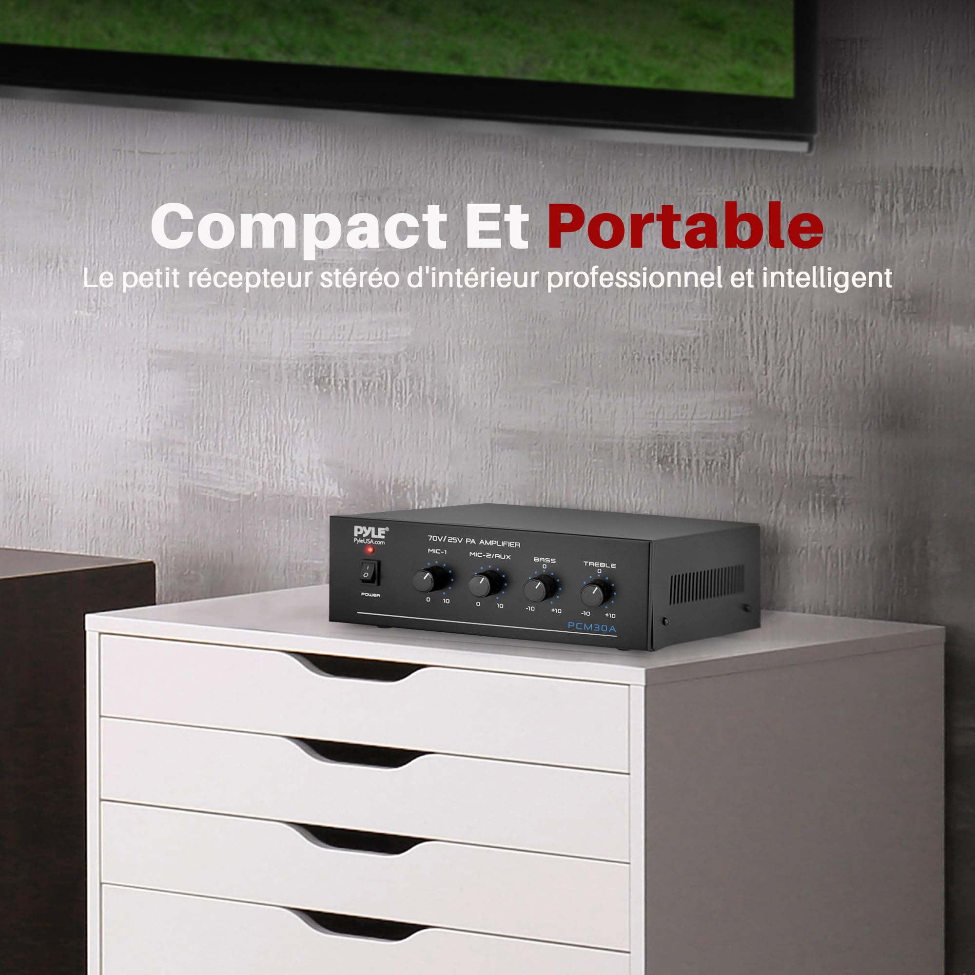 Pyle Amplificateur PA Bluetooth 60W – Mini Ampli de Sonorisation avec Sorties 4/8/16 Ohms, 25V/70V, 2 Entrées Micro, AUX RCA, Bass/Aigus, Paging, pour Musique d’Ambiance et Annonces