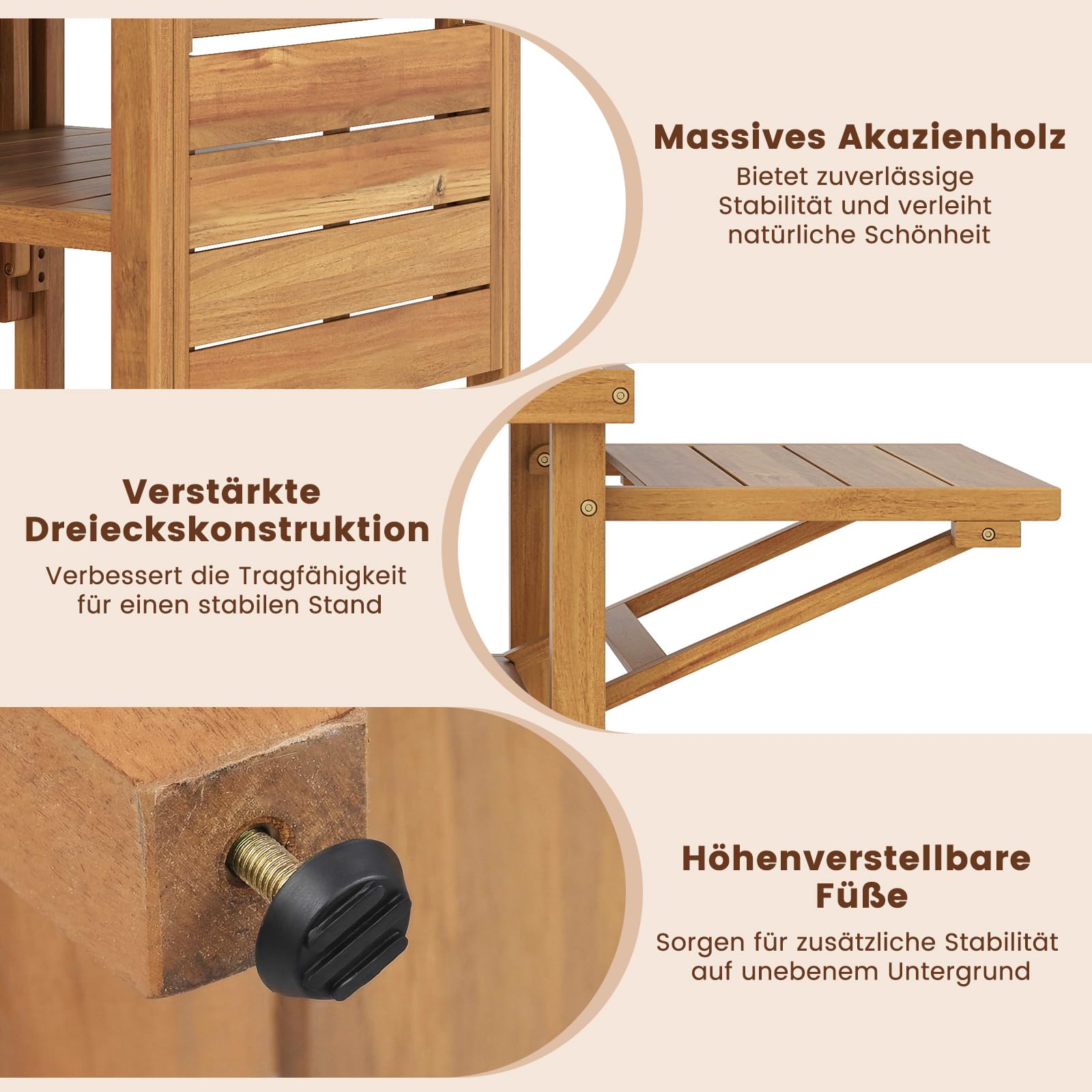 COSTWAY Grilltisch Outdoor, Campingtisch aus Akazienholz, Gartentisch mit 2 klappbaren Seitenablagen, 2 offene Ablage & Tischplatte in Marmoroptik, BBQ-Tisch für Grillen Camping Garten, Natur