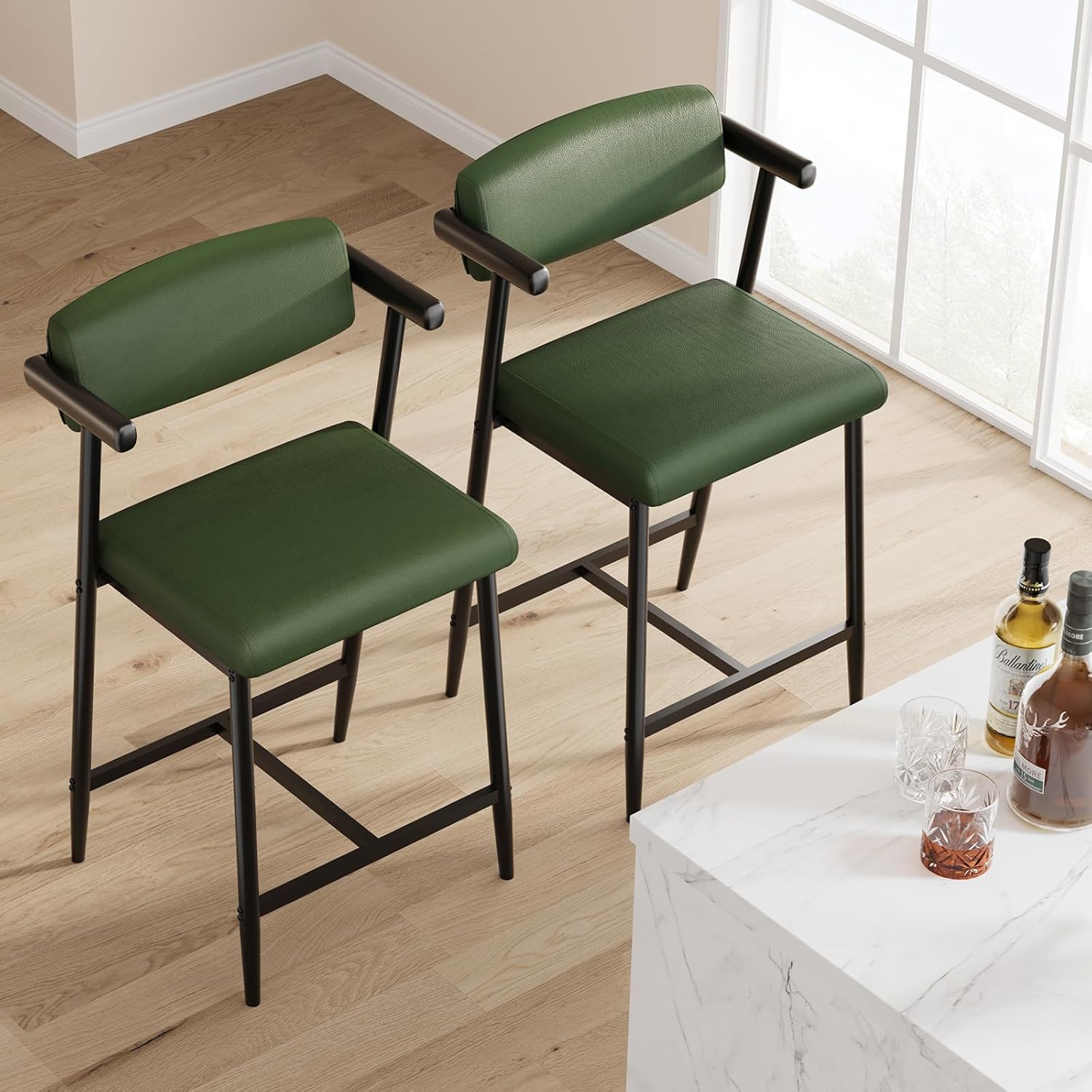 IDEALHOUSE Counter Height Bar Stools Set of 4 with Arms, Upholstered Barstool with Back & Footrest, Soft Wider Seat, Modern Metal Bar Stools Set for Kitchen Island, Bar, Easy Assembly, Rustic Green