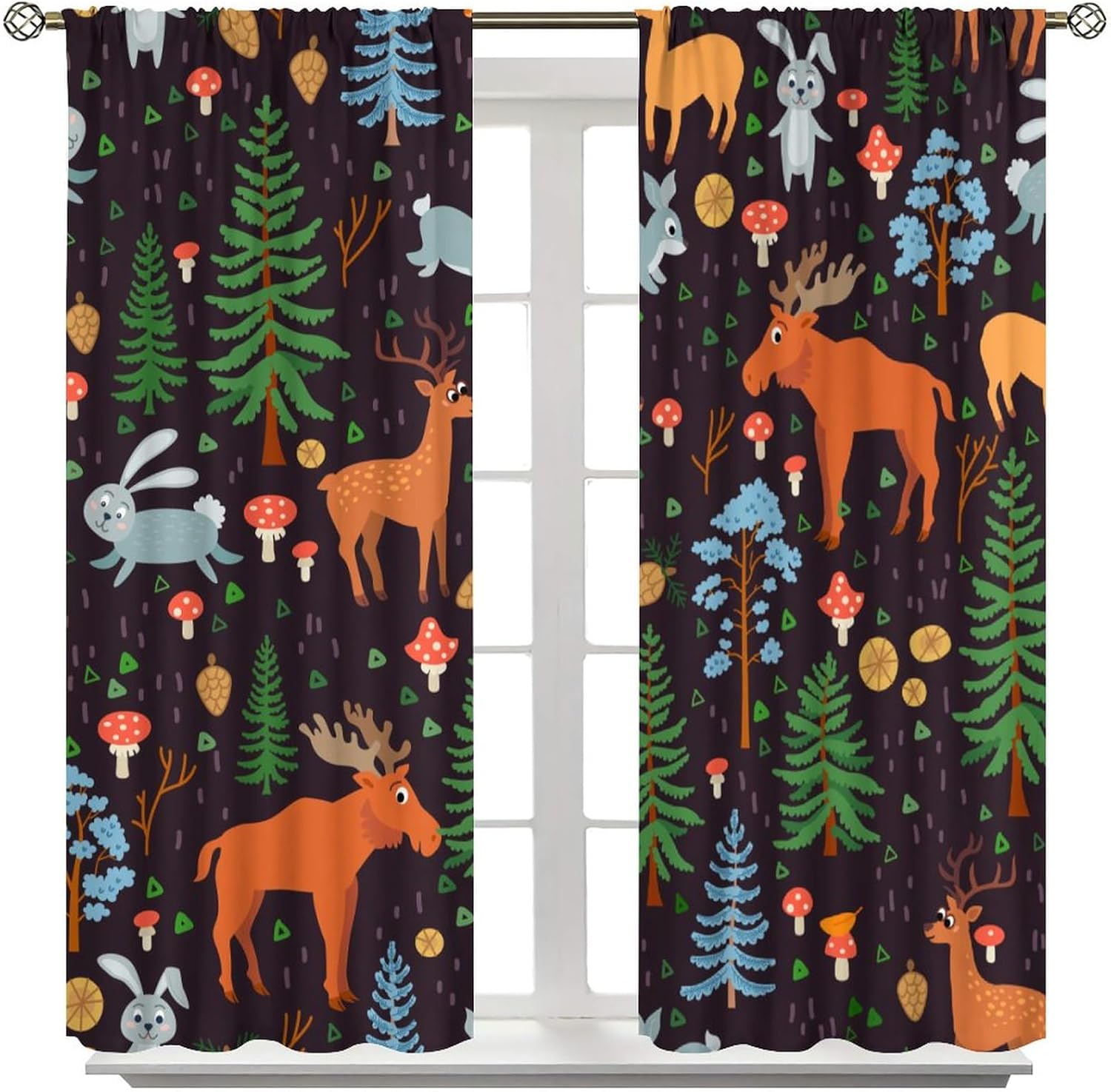 Kids Animal Curtains,Cartoon Forest Woodland Mushroom Cute Jungle Elk Rabbit Deer Print Window Treatments for Boys Girls Bedroom Living Room Nursery Study 2 Panels Total Size 42 x 63 Inch