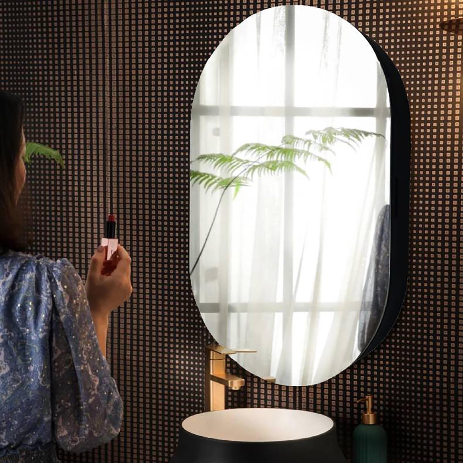 Botiquín con espejo, organizador de almacenamiento de madera arqueado montado en la pared para baño, sala de estar y dormitorio, ideal para inodoros y espacios compactos