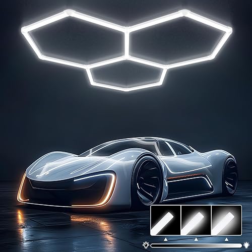 Luces hexagonales de garaje  Luces hexagonales regulables de 3 etapas, 6500K 17280LM luz de panal para techo de coche, taller, taller, almacén,
