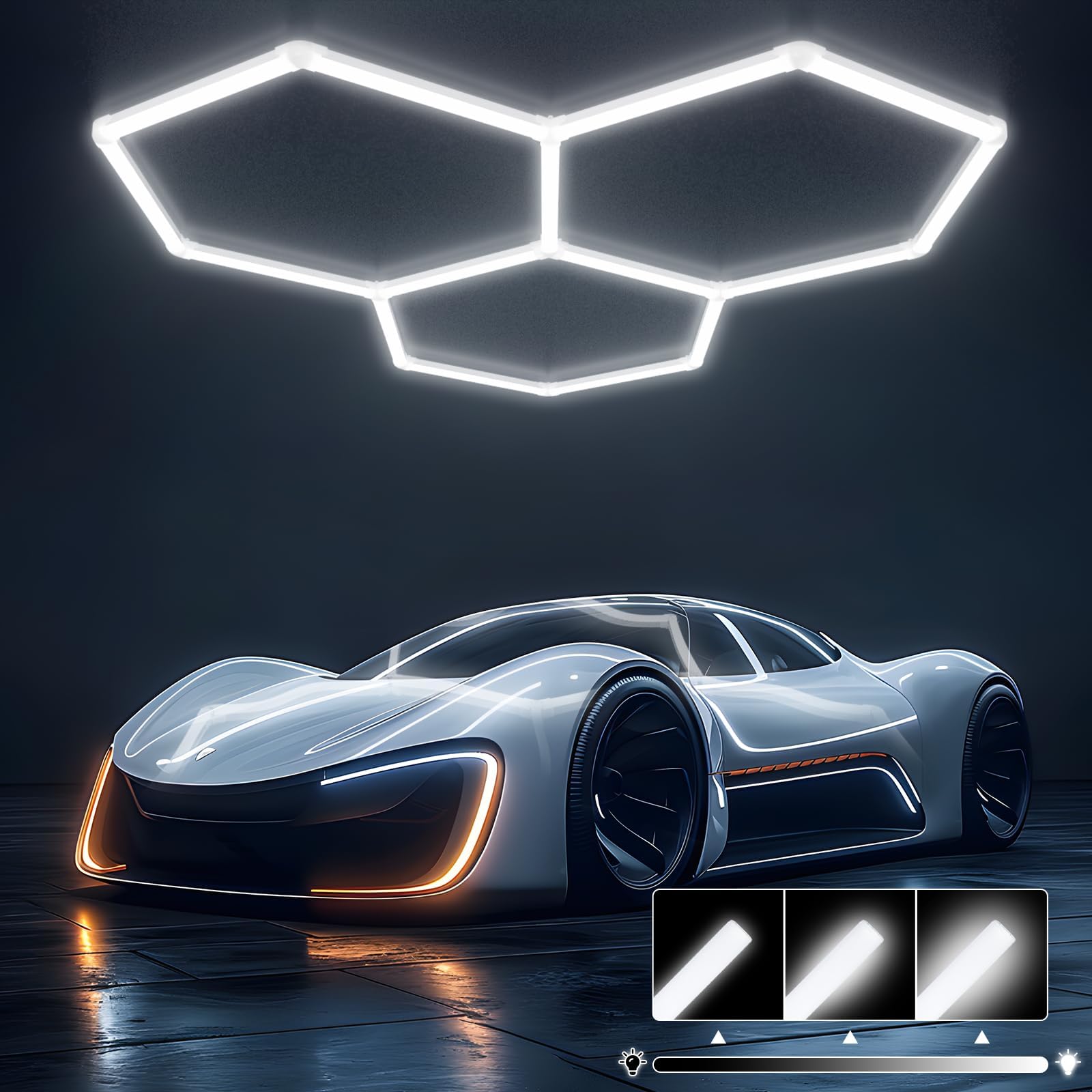 Hexagon Garage Lights - 3 Stage Dimmable Hexagon Lights 6500K 17280LM Honeycomb Light for Car Ceiling Detailing Shop
