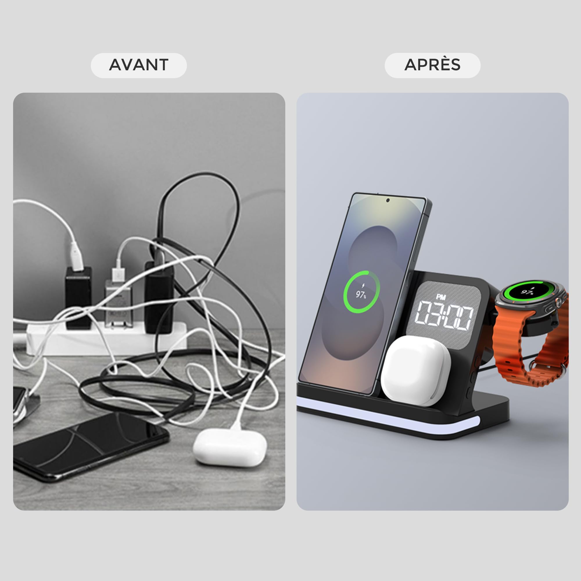 Chargeur Induction 3 en 1 pour Samsung avec Réveil et Veilleuse, Chargeur sans Fil 15W pour Galaxy S25/S24/S23, Galaxy Watch 8/7/6 et Galaxy Buds 4 Pro, Chargeur Rapide pour Samsung avec USB-C