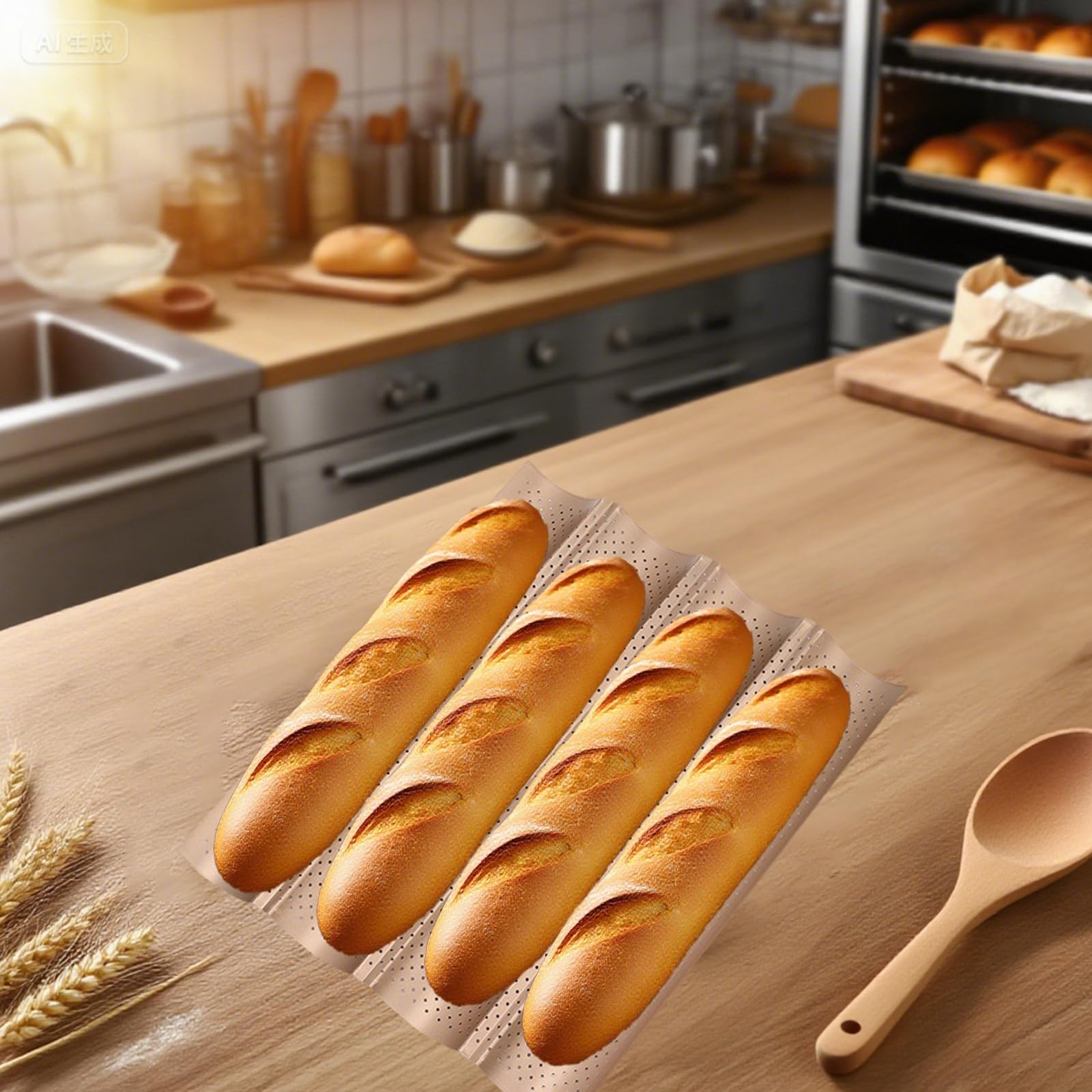 Lot de 3 plaques de cuisson pour 4 baguettes - Moule à baguette en acier au carbone perforé - 38 x 33 cm - Revêtement antiadhésif rose - Pour four et pâtisserie