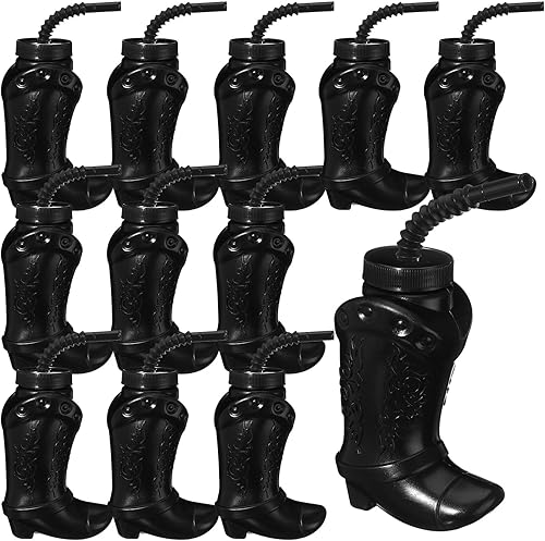 Hoolerry 12 vasos de plástico para fiesta de botas de vaquero con pajitas y tapas, tazas de plástico de 10 onzas para suministros de fiesta temática