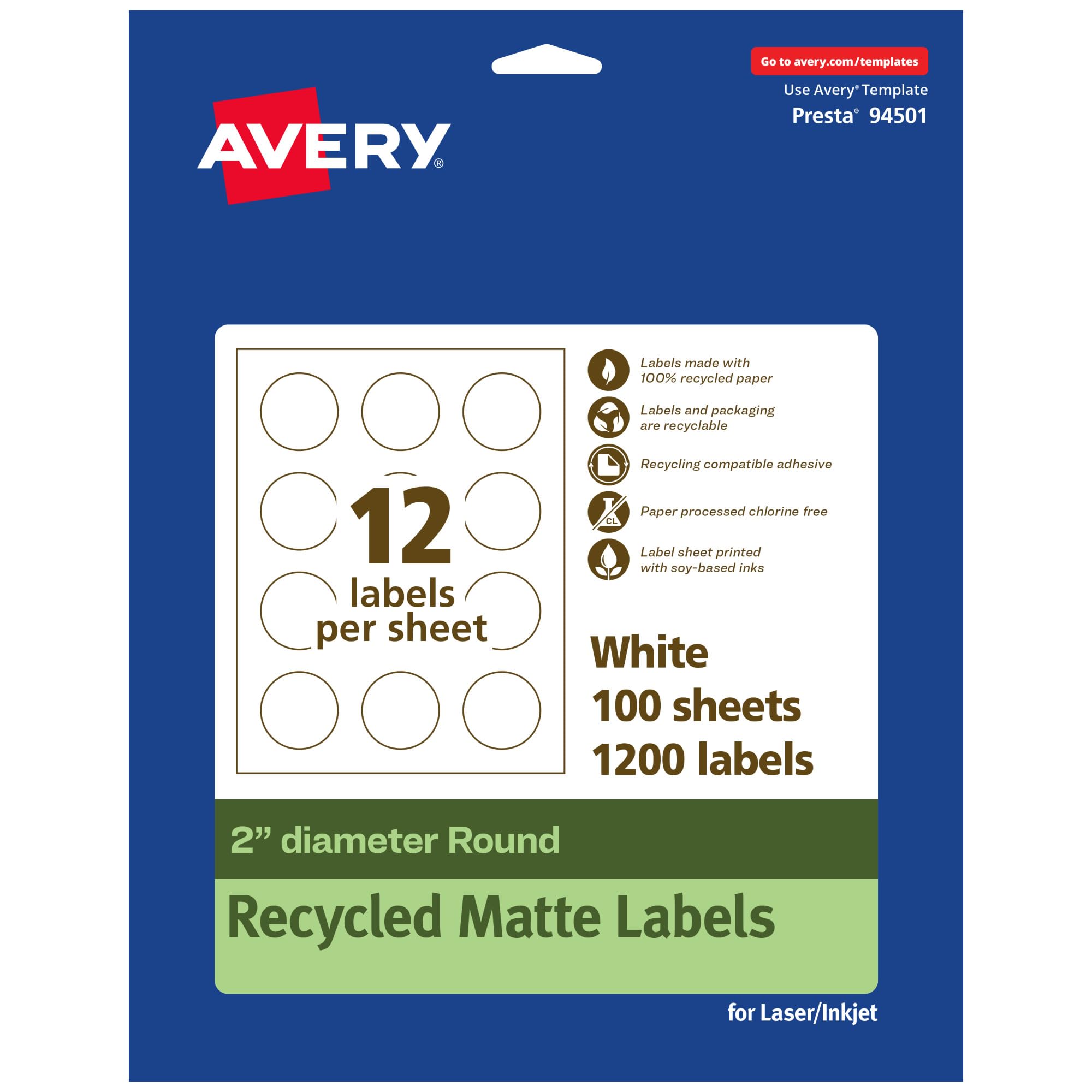 Avery EcoFriendly Matte White Recycled Round Labels, 2" Diameter, Print-to-The-Edge, Matte White Labels, Permanent Adhesive, Laser/Inkjet Printable,