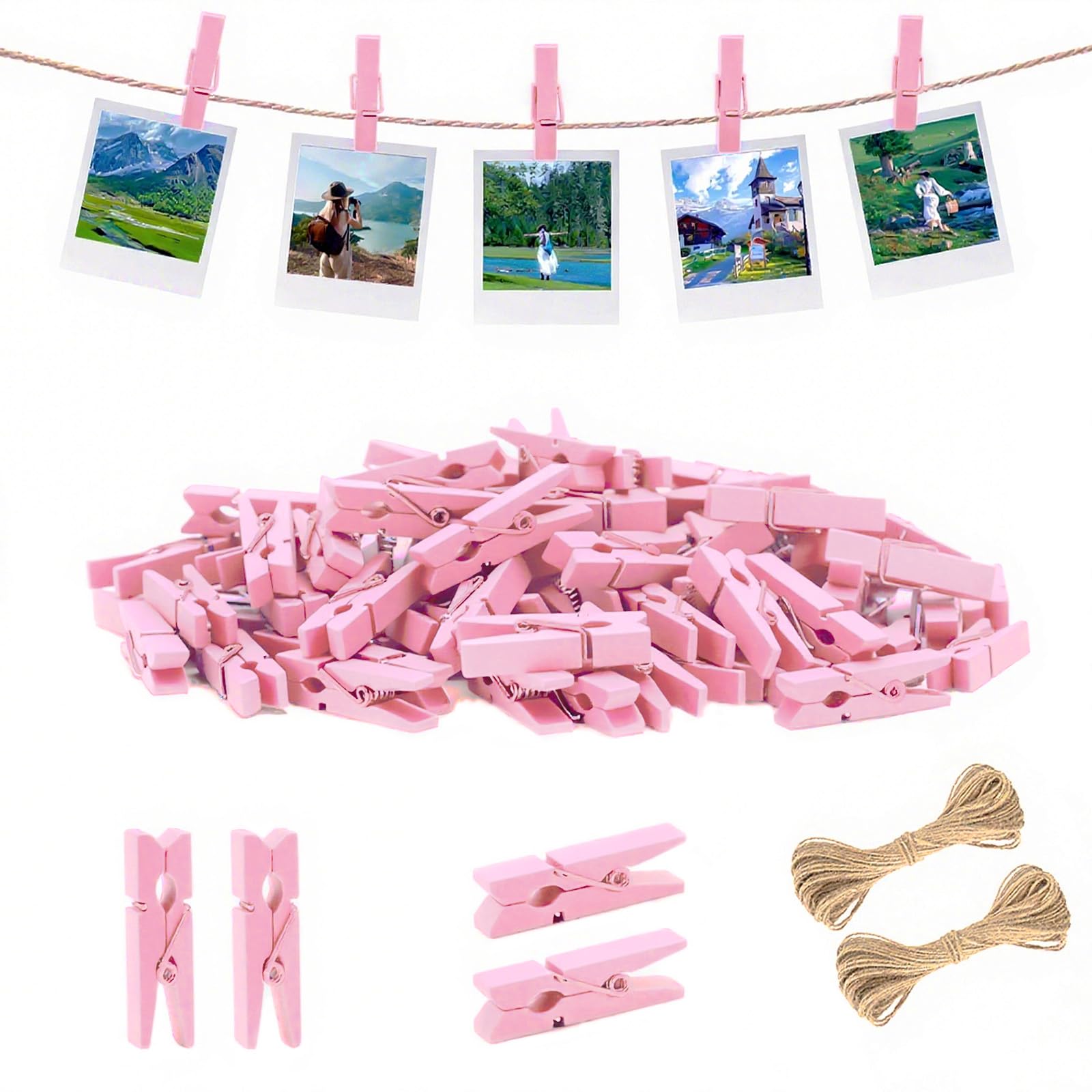 jijAcraft 3.5cm Wooden Pegs Baby Pink: 100Pcs Mini Photos Pegs for DIY Crafts, Small Wooden Clothes Peg for Hanging Photos Cards, Photo Display Clips for Birthday, Wedding, Party Decoration