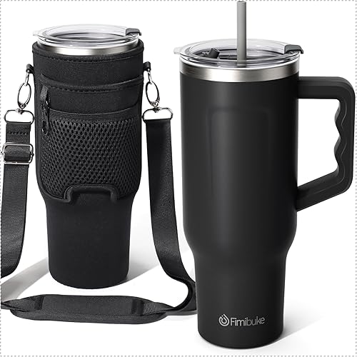 Fimibuke Vaso de 40 onzas con asa y bolsa de transporte, taza aislada de acero inoxidable con tapa, popote y bolsa para bolso, bolsillo para