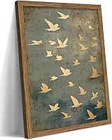 WIARTSH Framed Flock of Gold Birds Canvas Wall Art - Vintage Minimalist Abstract Landscape, Neutral Spiritual Decor for Bedroom Living Room, 8x10 Inch