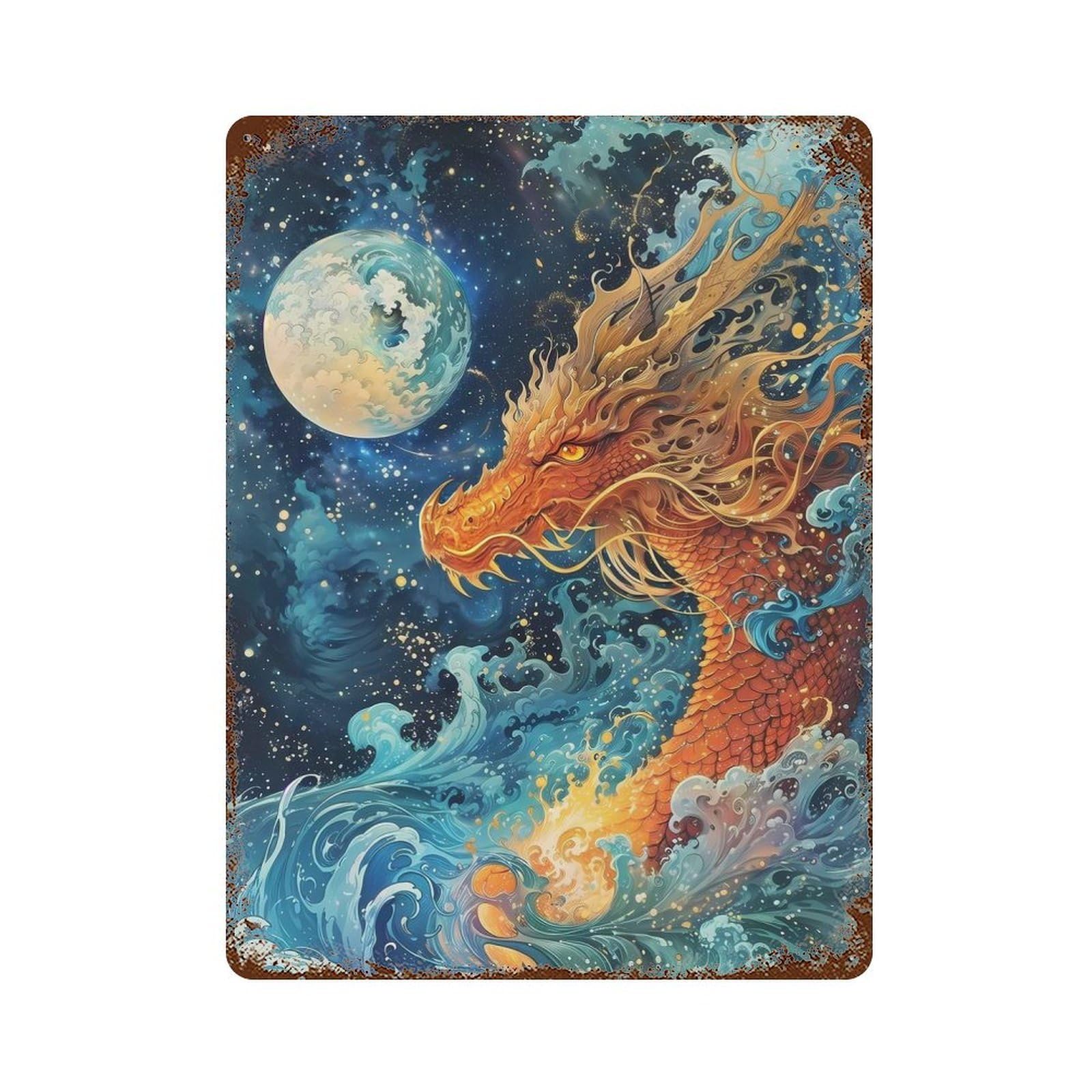 Celestial Dragons Gaze 15.7"x11.8" Weathered Tin Sign, Shabby Chic Decor for Cafe, Home Bar And Lounge Decor