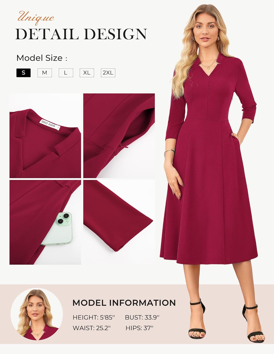 GRACE KARIN Work Dresses for Women 2025,Midi Business Dress,3/4 Sleeve Classy Fit and Flare Dress with Pocket - Image 3