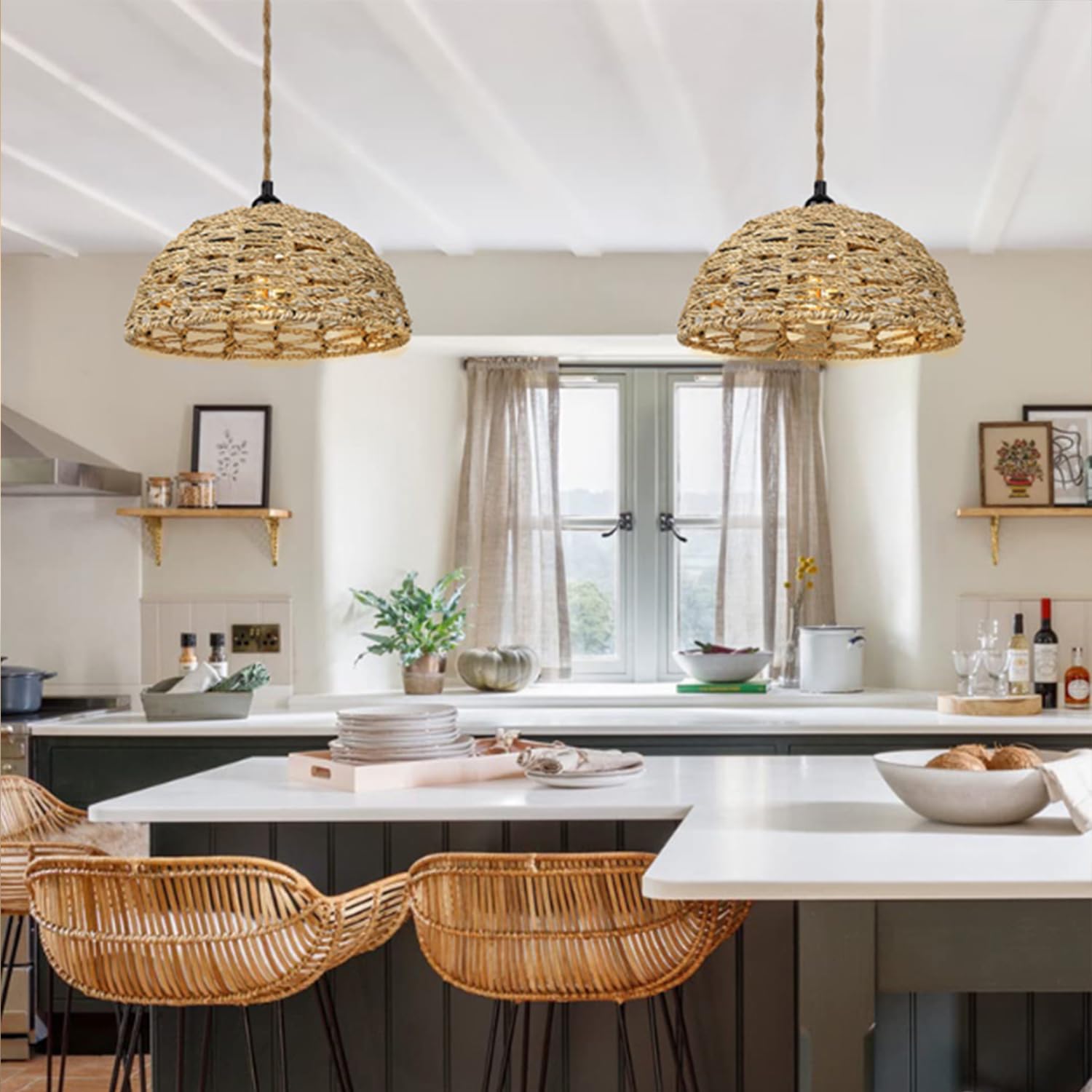 Lampada a Sospensione Industriale Vintage Paralume in rattan Lampadario rustico Illuminazione Interna E27 Lampada da soffitto per Soggiorno Camera da letto Sala da pranzo, Ø30cm