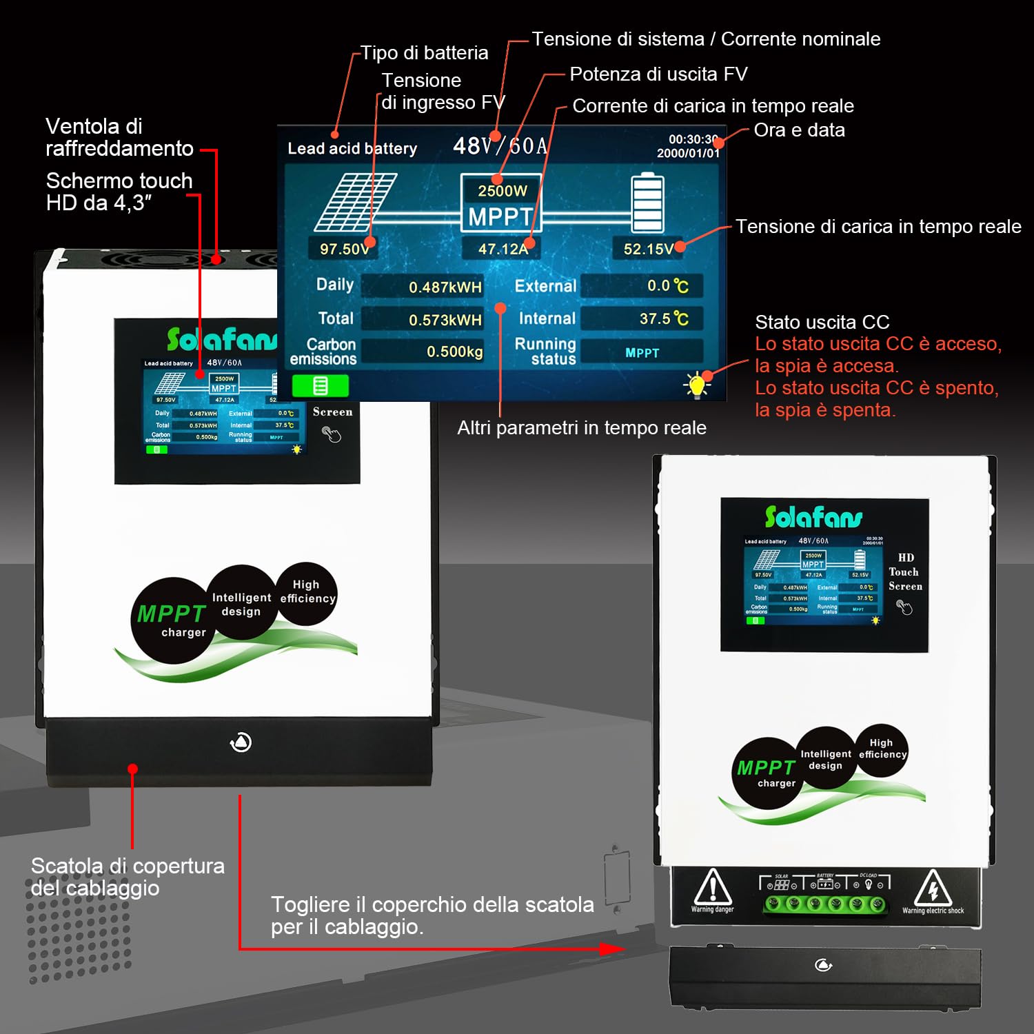 48V 80A MPPT Caricatore Solare 4.3 pollici HD Touch Screen PV DC150V 4.4KW Multi-lingua 12V/24V/36V Bluetooth per Off Grid/RV Applicazioni
