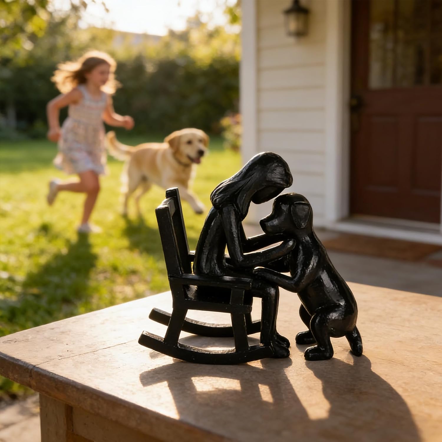 Dog Decor Statue, Cute Girl and Dog Decor Small Sculpture for Home Accent, Living Room, Office, Mantle, Bookshelf, Desktop, Floating Shelves, Memory Gifts for Pet Lovers (Black)