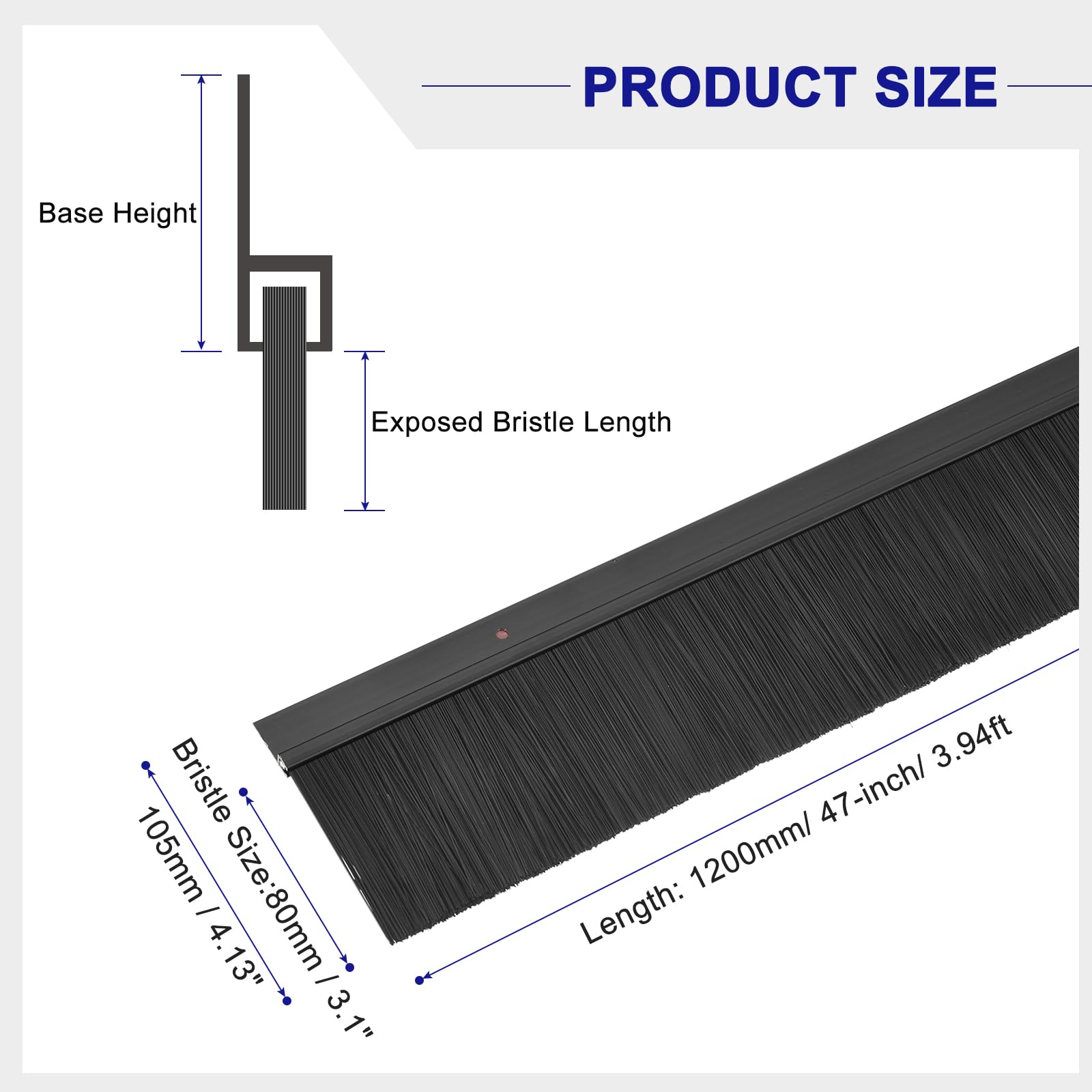 sourcing map 2 szczotki do drzwi, uszczelka podłogowa w kształcie litery H, podstawa ze stopu aluminium ze szczotką PP 80 mm, do domu, przemysłu (1200 mm L, czarna)