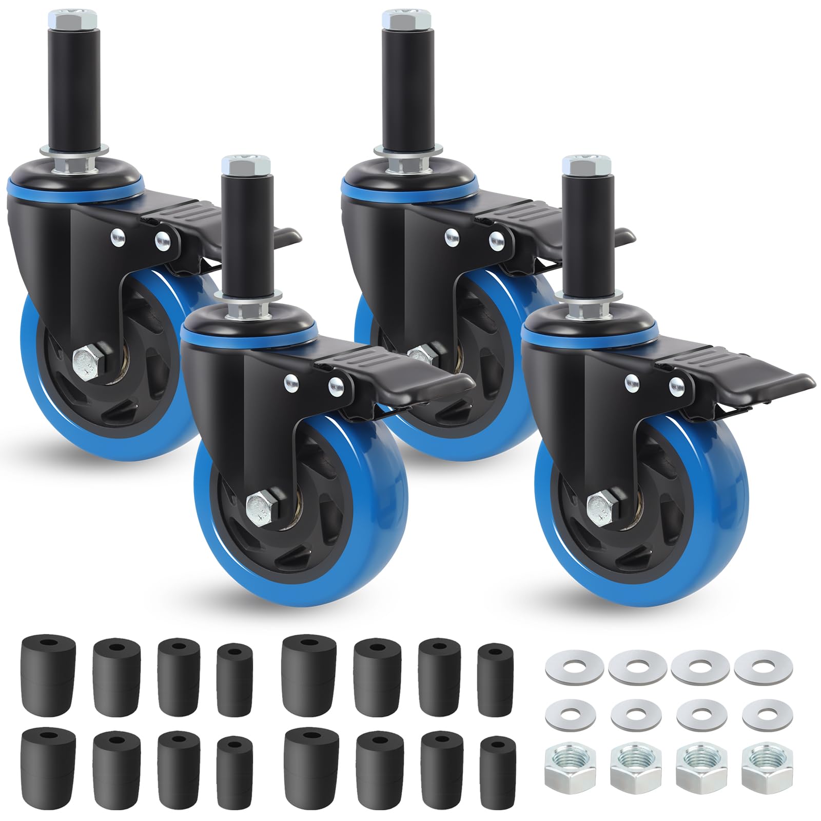 Ruote per mobili 100mm con vástago espandibile e freno adatte a tubi Ø23/28/34/40mm, capacità 500 kg ruote per carrello e tavoli inox, girevoli, blu, set da 4