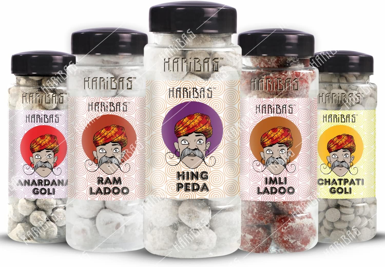 HARIBAS Combo Anardana Goli, Ram Ladoo, Hing Peda, Imli Ladoo And Chatpati Goli 180Gm - Each Pack Of 5