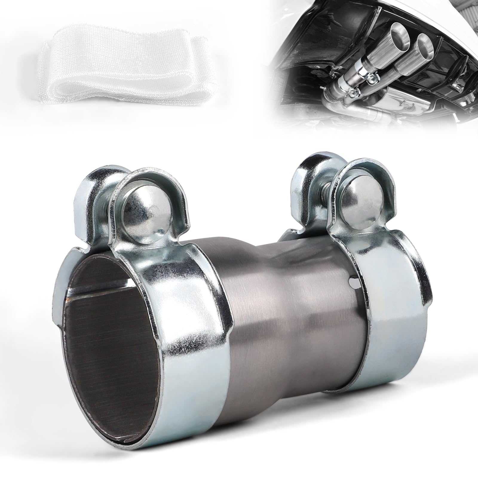 LALAGO Connecteur de Tuyau Collier D'échappement, Réducteur Bande Tuyau D'échappement, Acier Inoxydable Collier de Serrage, Double D'échappement Manchon Raccord (Ø55mm à Ø65mm)