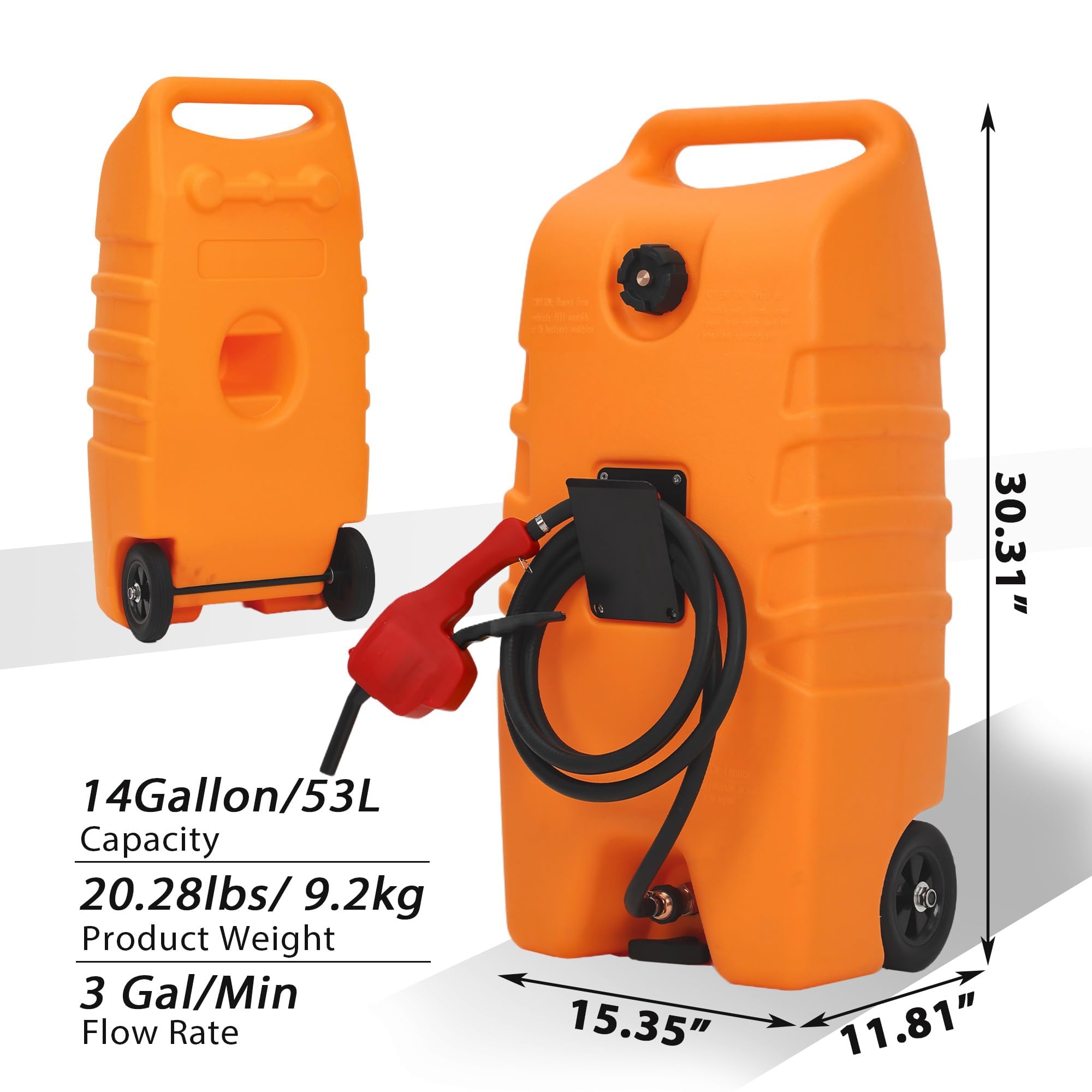 Serbatoio Carburante Portatile 53L Con Ruote, Pompa Sifone Manuale e Tubo 3 m, Per Auto, Barche, Tosaerba e Uso Agricolo, Robusto Design a Valigia, Arancione, senza cinghia