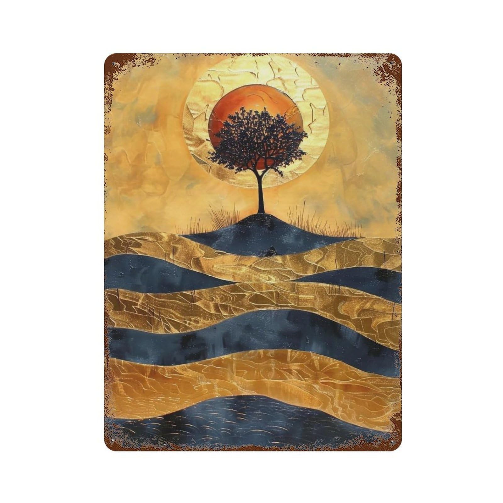 WIHYRTUI Gilded Impasto Minimal Lone Tree Red Sun Rolling Hills 04 Wall Retro Iron Metal Tin Sign Vintage Art Poster Modern Home Cofffee Club Art Bar Shop Decor Style 40x30cm