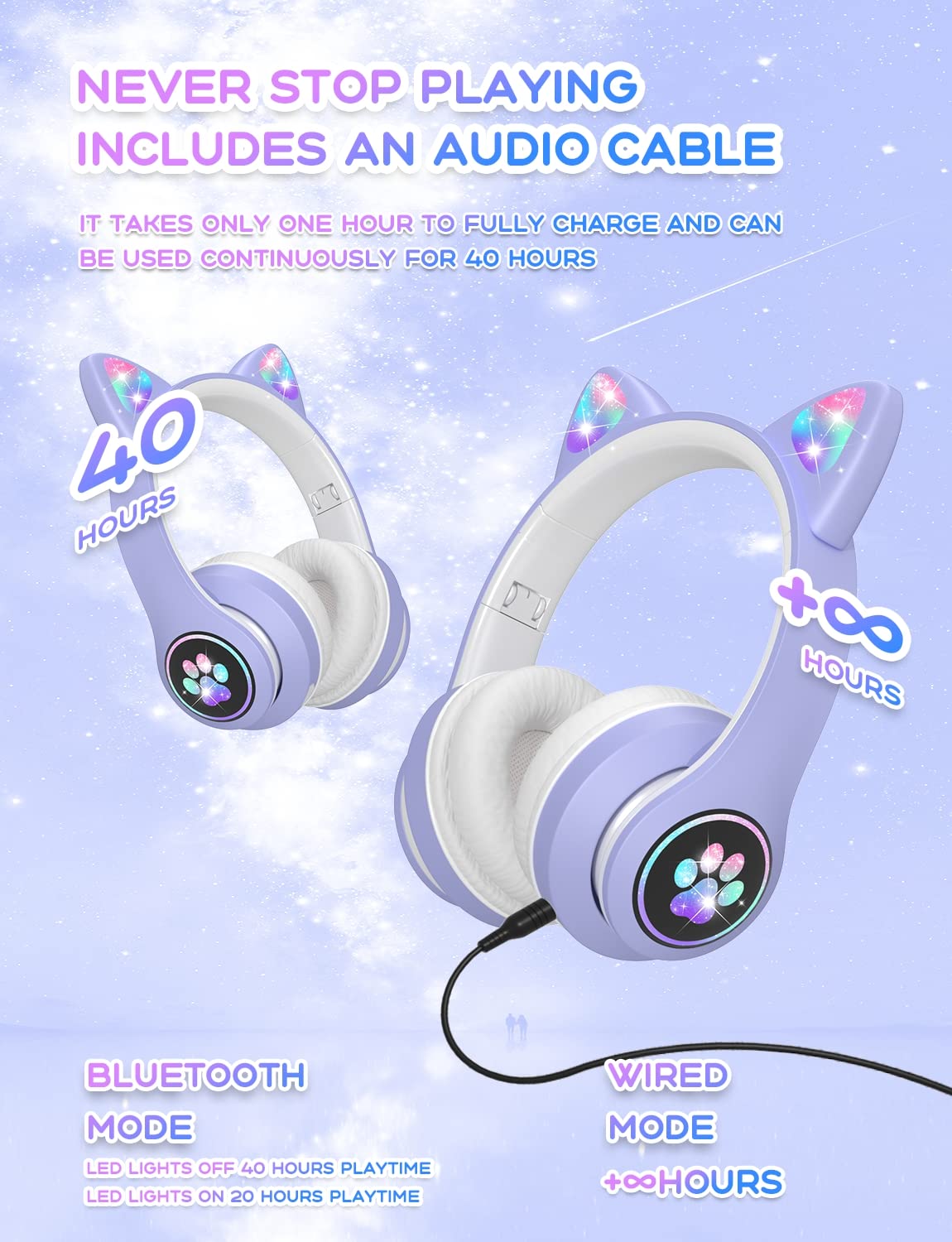 VuyKoo Cuffie Bluetooth per bambini con microfono/illuminazione LED, Cuffie Wireless limitatore 85dB, Cuffie On-Ear pieghevoli per Smartphone/scuola/scrivania/PC/Kindle (Viola)