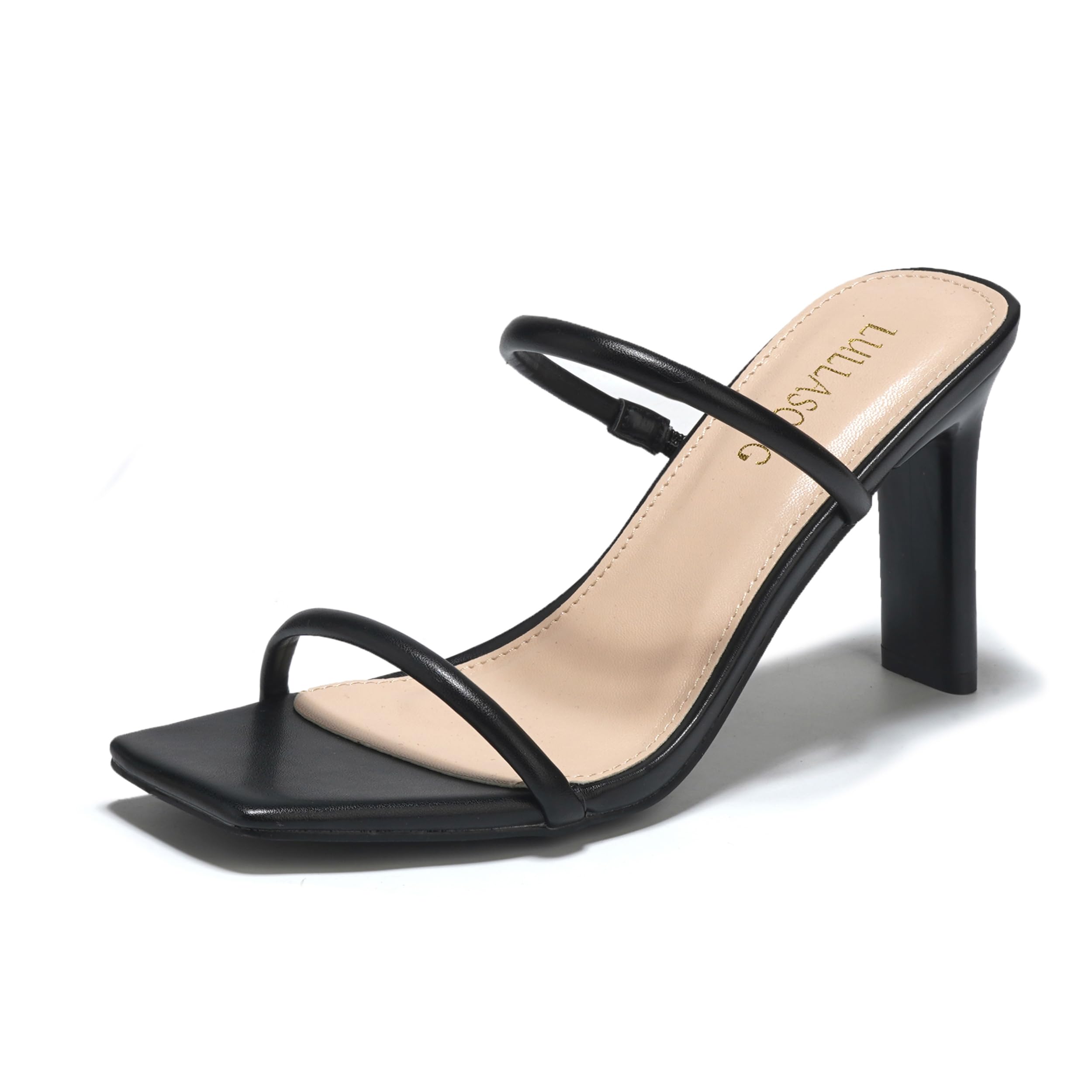 LULLASONG Women's Heels Sandals Block Chunky Mid Heels Slip On Slides 3.5 Inch Heeled Square Open Toe Sandals for Women