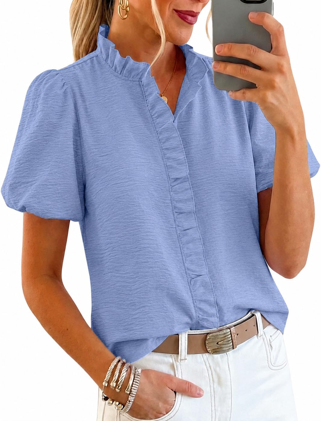 Womens Short Puff Sleeve Button Down Shirts Striped Ruffle Stand Collar Blouse Business Casual Preppy Tops