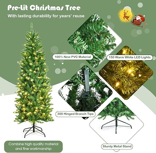 Miniatura 3 de Goplus Árbol de Navidad artificial preiluminado de 5 pies, árbol de Navidad de abeto con bisagras con 150 luces LED, 300 puntas de rama, para