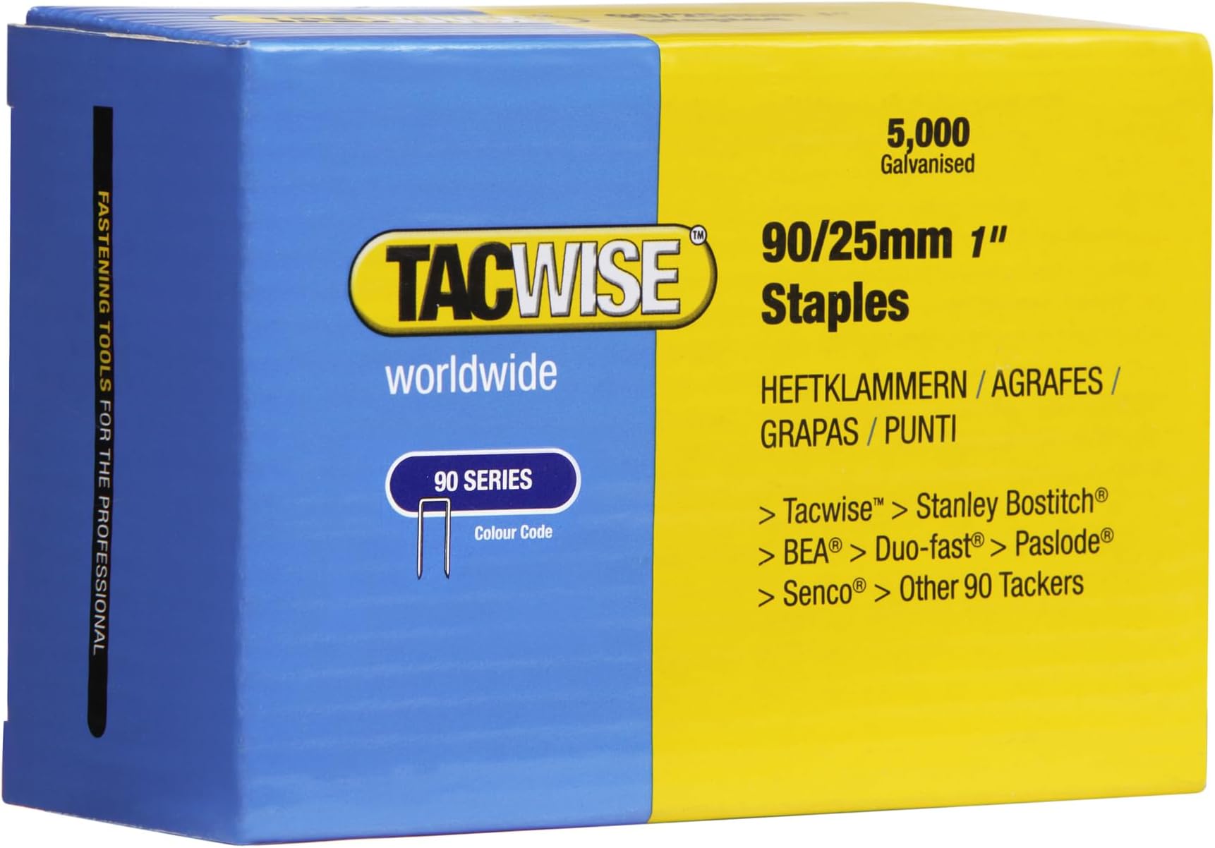 Tacwise 0308 Type 90 / 25 mm Galvanised Narrow Crown Staples, Pack of 5000