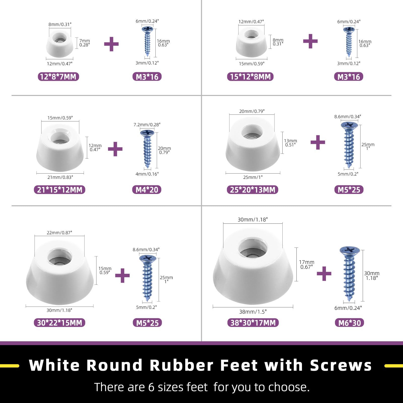 Swpeet 30pcs 0.82 x 0.59 x 0.47 Inch White Round Rubber Feet Pads with 32pcs M4×20mm Screws - Image 3