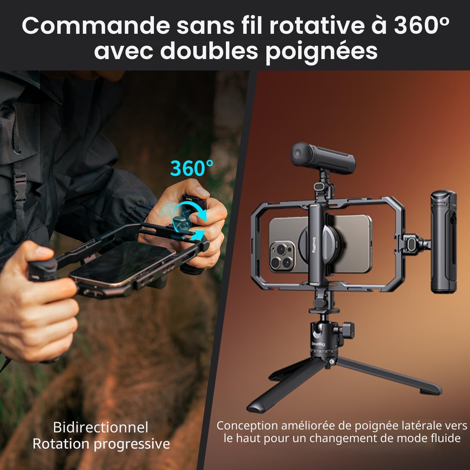 SMALLRIG Kit de Montage Vidéo Universel Tout-en-Un pour Téléphone avec Éclairage LED/Microphone/Trépied/Deux Poignées/Support de Batterie Externe, pour Vlogging et Diffusion en Direct - 4704
