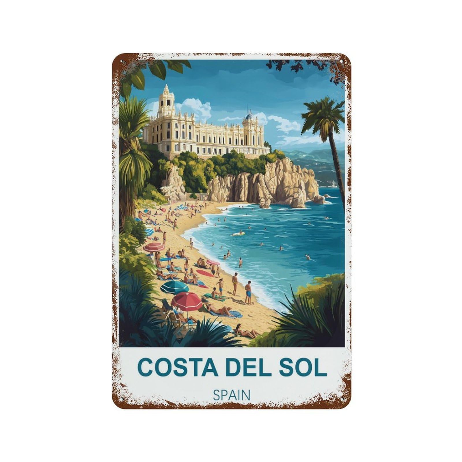 Costa Del Sol Spain Retro Design Tin Paintings Vintage Tin Sign 08x12inch(20x30cm) Wall Art for Home Office Bedroom Living Room Cafes Wall Decor