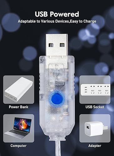 Miniatura 6 de Minetom Guirnalda de luces USB enchufables, 100 luces LED parpadeantes de 33 pies con control remoto y temporizador, impermeable, 8 modos de luces