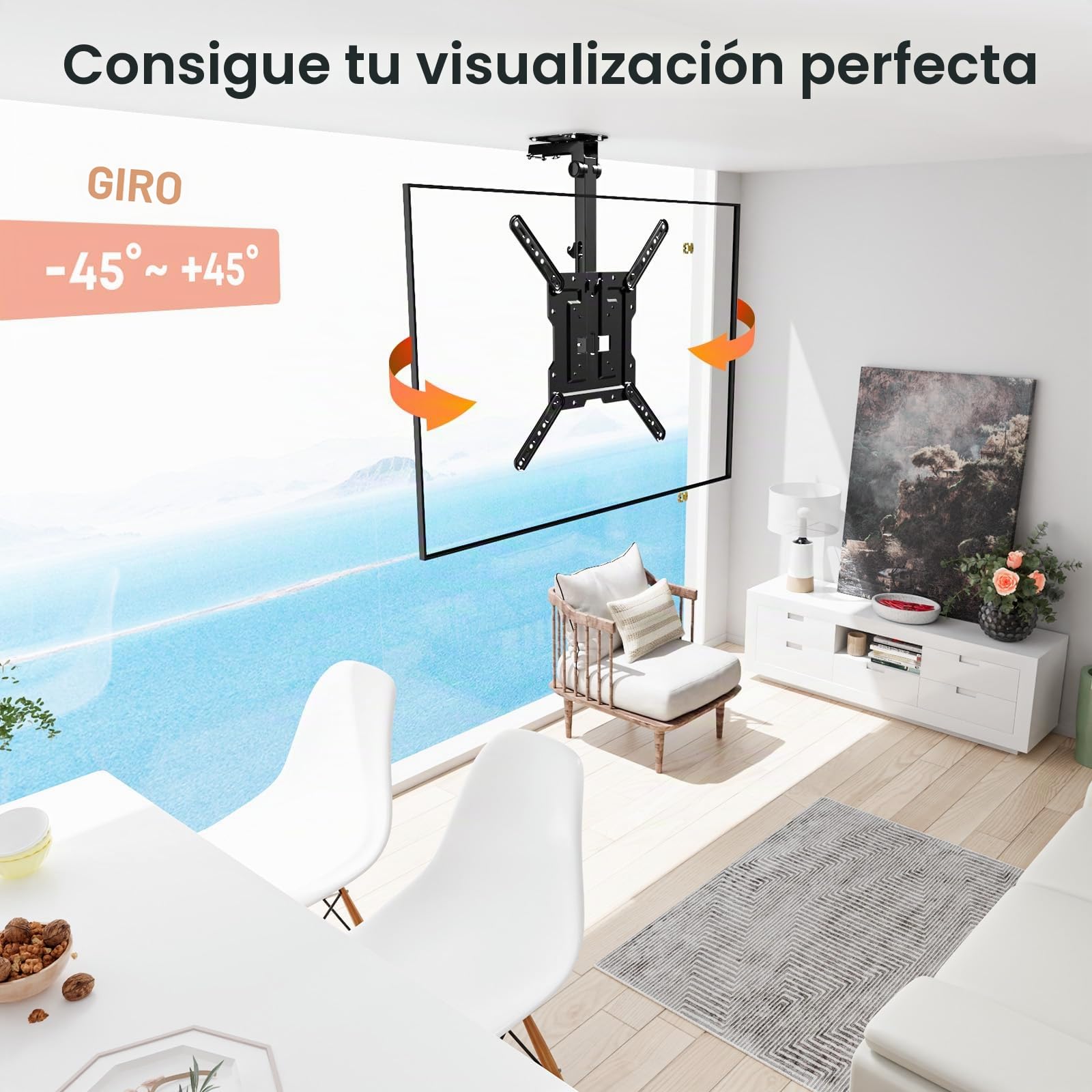 PUTORSEN Plegable Soporte TV Techo, Soporte Giratorio para TV para Pantalla de 23 a 55 Pulgadas, Soporte para TV para Techo Plano y Techo Inclinado, Soporte Techo TV hasta 20kg con MAX VESA 400x400mm