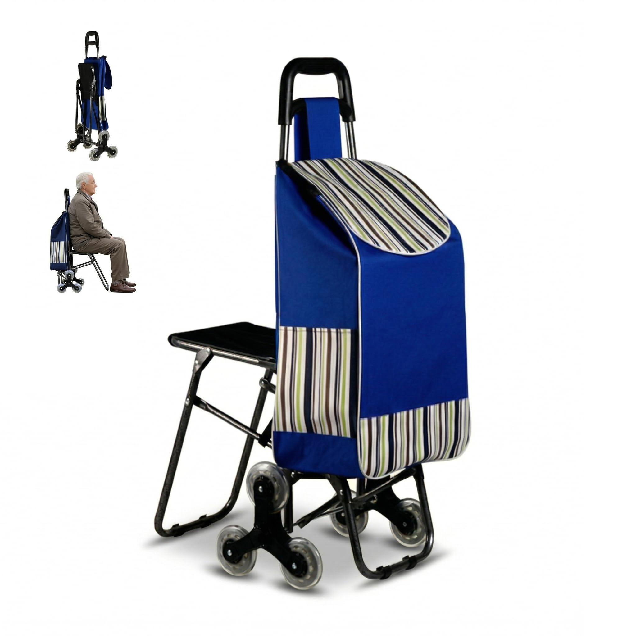 Foldable Shopping Trolley with Seat, Stair Climber Grocery Cart, Folding Shopping Cart with Wheels, Portable Grocery Trolley for Elderly, Heavy Duty Personal Shopping Bag on Wheels (Blue)