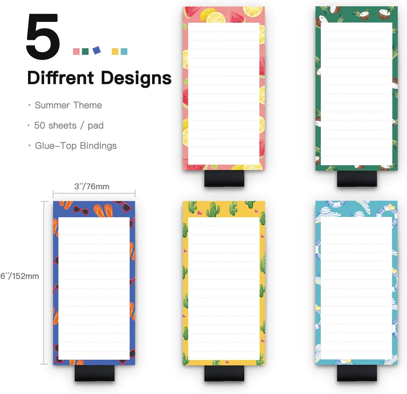 5 Pack Magnetic Notepads for Fridge with Pen Holder, Full Magnet Back Notepad, to Do List, Grocery Shopping, Summer Theme, 6" x 3", 50 Sheets, Magnet Memo Pad for Fridge, Locker, File Cabinet, etc