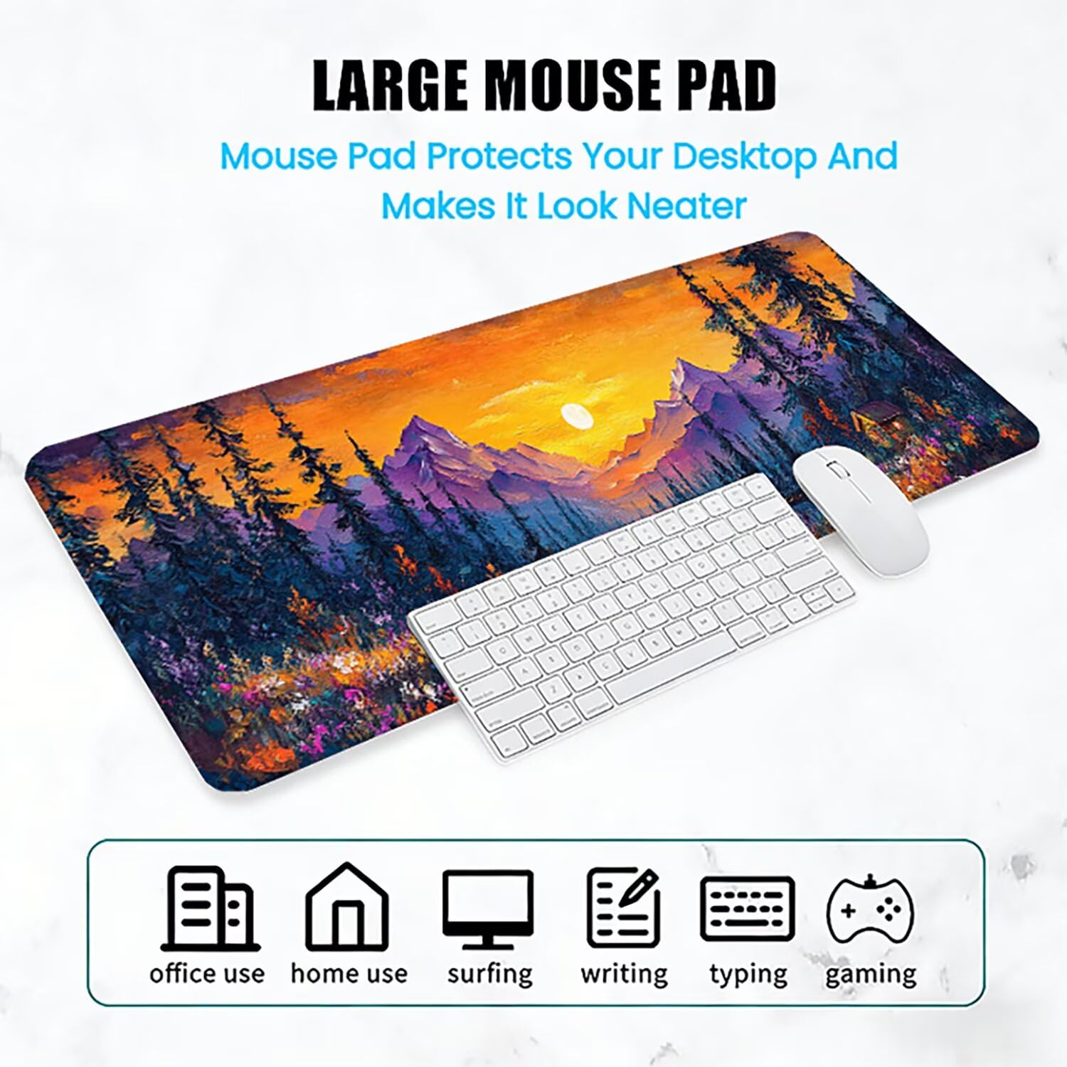 Lejnlnng Podkładka pod mysz do gier XXL, 160 x 80 cm, zachód słońca, wodoodporna podkładka pod mysz XL Krajobraz, antypoślizgowa gumowa podkładka pod mysz z przeszytymi krawędziami, do biura, nauki