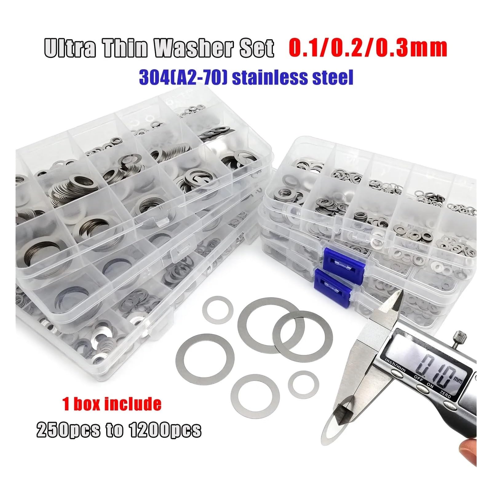 Juego surtido con arandelas 1 Juego de arandela plana ultrafina ajuste M3 a M20, 0,1mm,2mm,30mm, Kit junta cuña, caja acero inoxidable(0.1mm 500pcs)