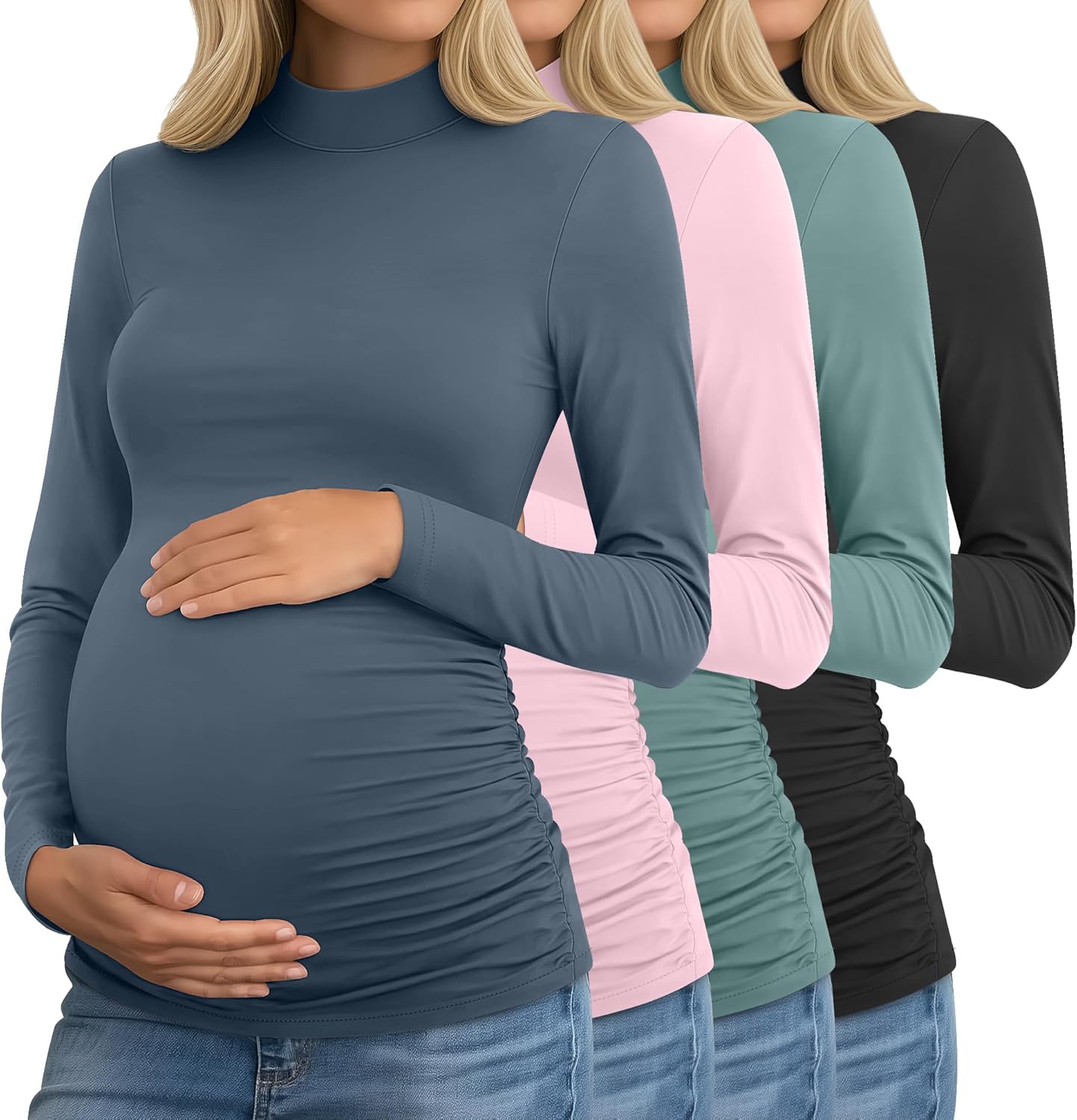 Riyiper 4 Pack Women's Maternity Turtleneck Shirts Long Sleeve Pregnancy Tops Ruched Sides Pregnant Tees Mama Clothes