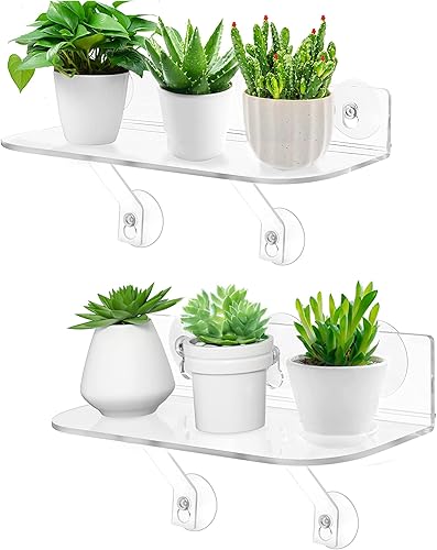 Paquete de 2 estantes de ventana para plantas con soportes de carga, extensor de alféizar acrílico de 12 pulgadas para plantas de interior
