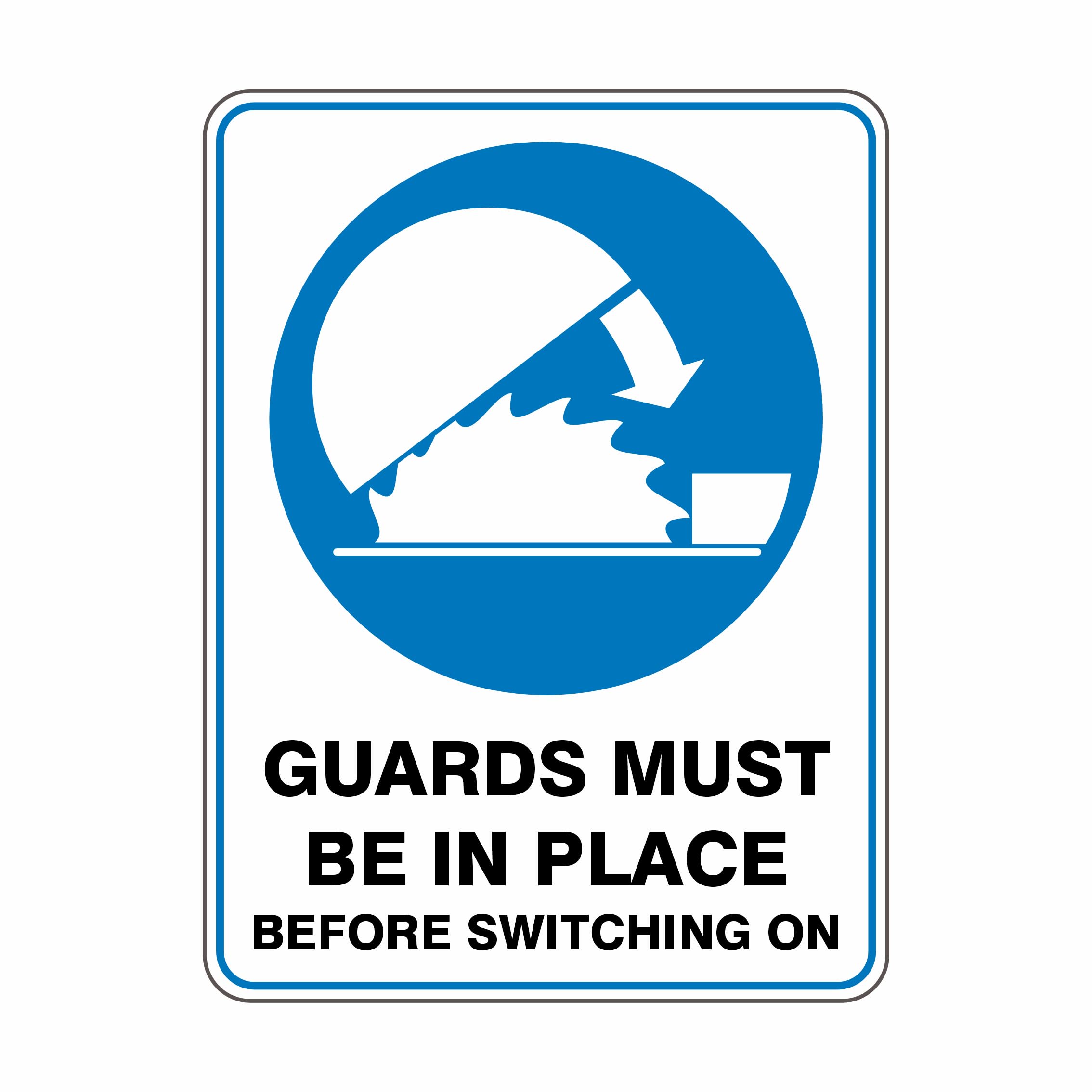 Guards Must Be In Place Before Switching On Mandatory Signs, 12x8 Metal Tin Sign, Fit safety guards before startup.