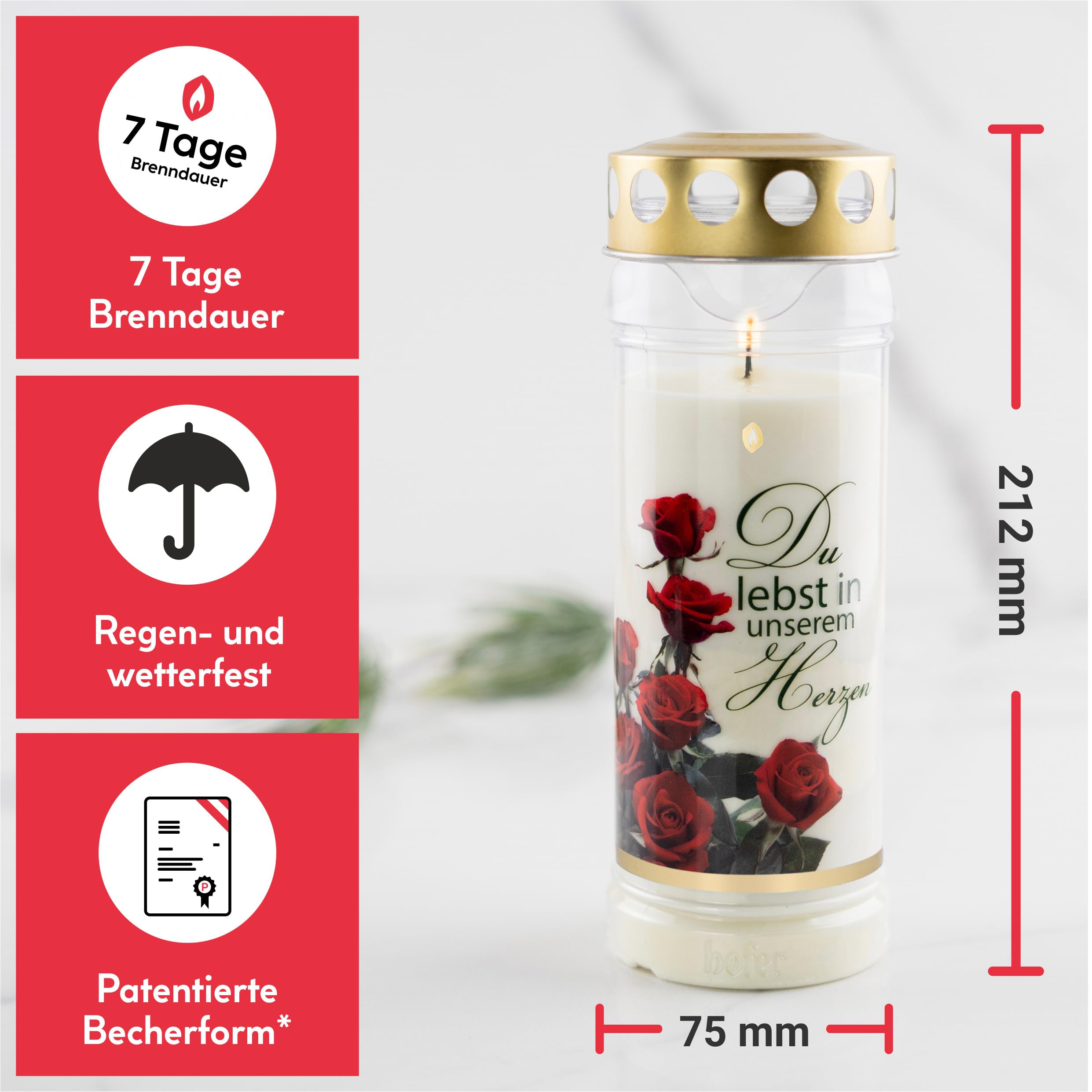 6er Set HOFER GRABKERZEN 7 Tage Brenndauer - Das Original [Erinnerung Select] regenfest | Trauerkerzen mit Deckel | Grablicht, Friedhofskerze mit Motiv und Spruch | Kerzen für Grabdeko und Grabschmuck