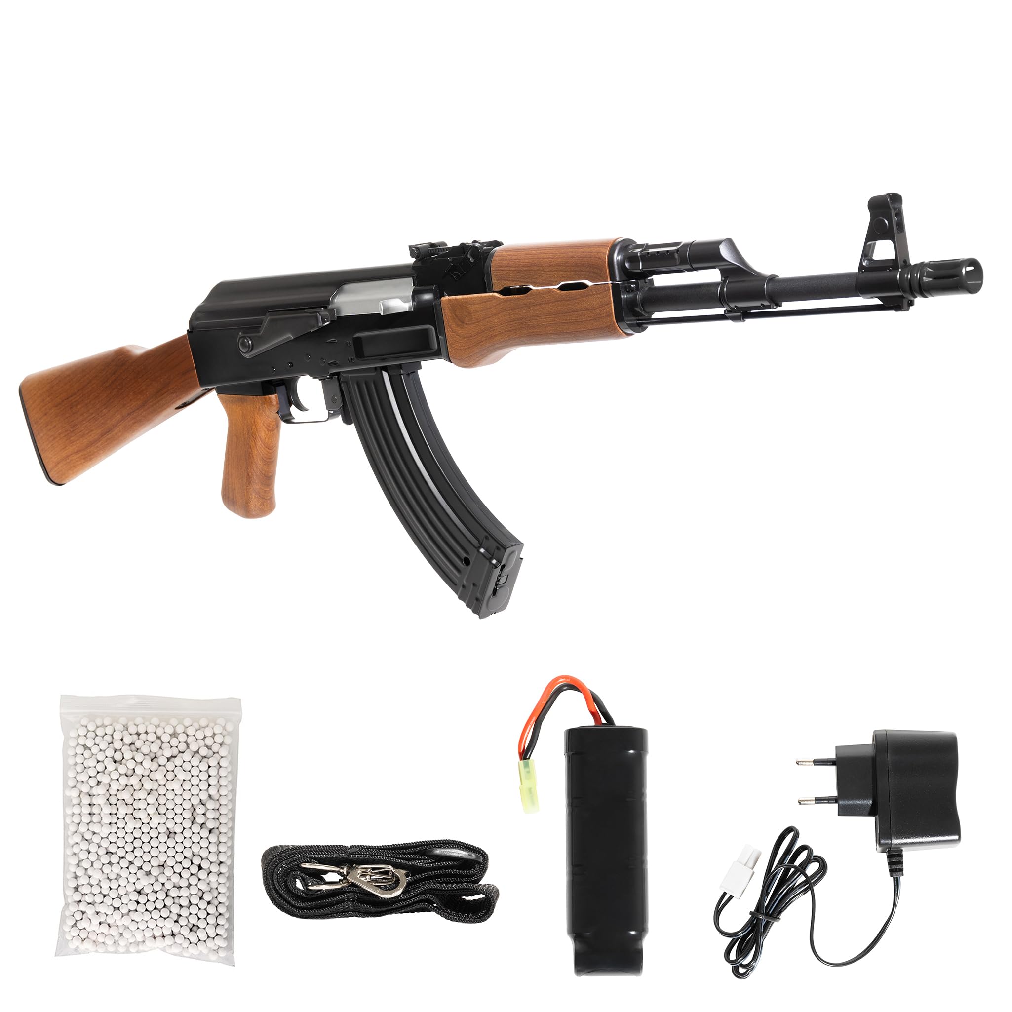 Fucile softair elettrico AK-47, POTENZA 0,9 JOULE, polimero effetto legno, gearbox metallo, caricatore 600 colpi, raffica/singolo, batteria Ni-MH 8.4V + caricabatterie inclusi