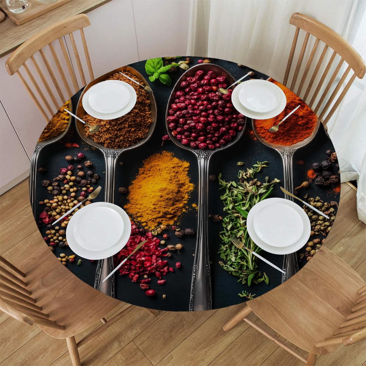 DFGNI Spices Herbs Theme Elastic Round Tablecloth - Waterproof Fitted Table Cover for 60x60 Inch Tables, Stretch Polyester Fabric with Anti-Slip