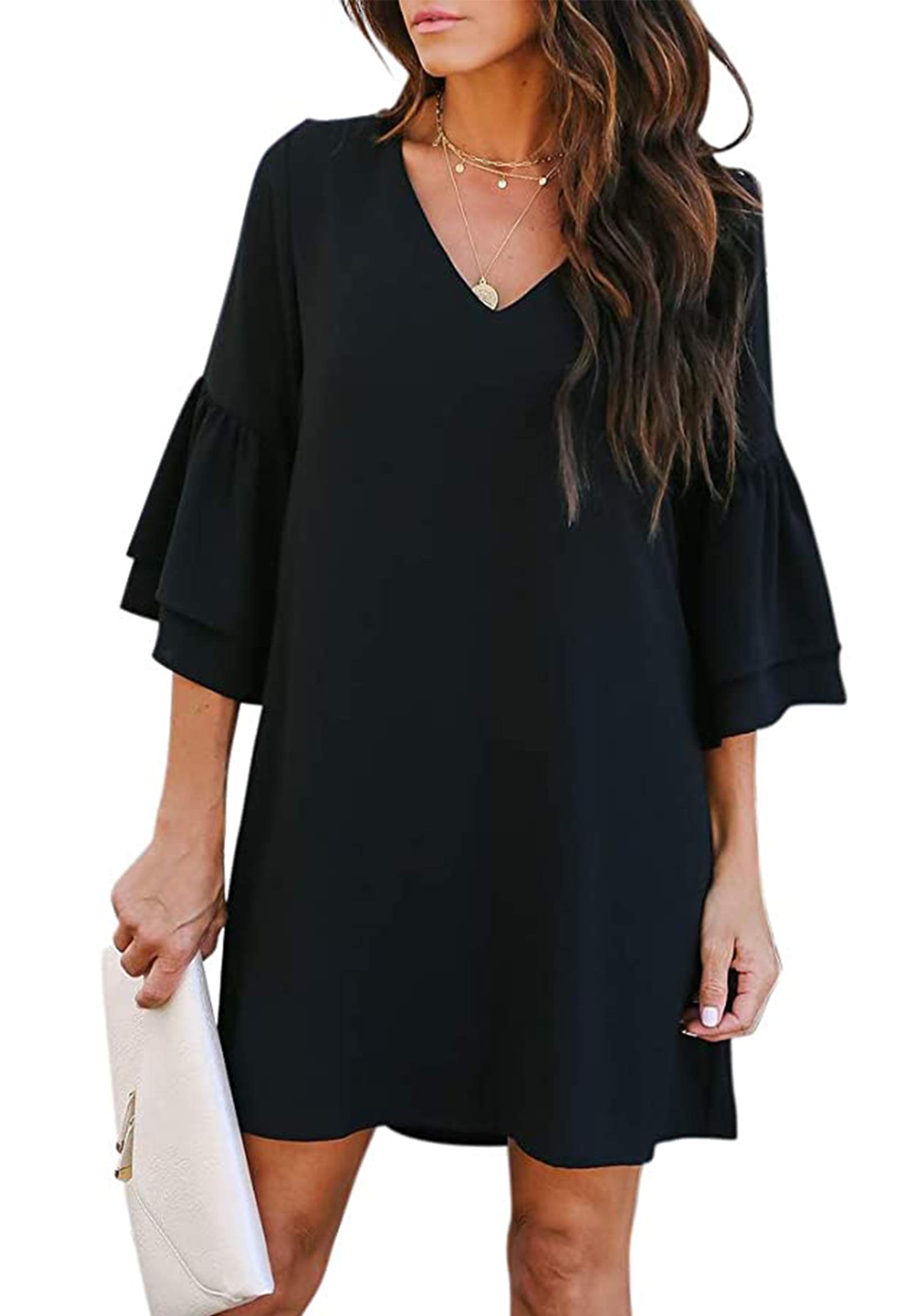 Summer Dresses for Women Casual Bell Sleeve V Neck Shift Dress Short