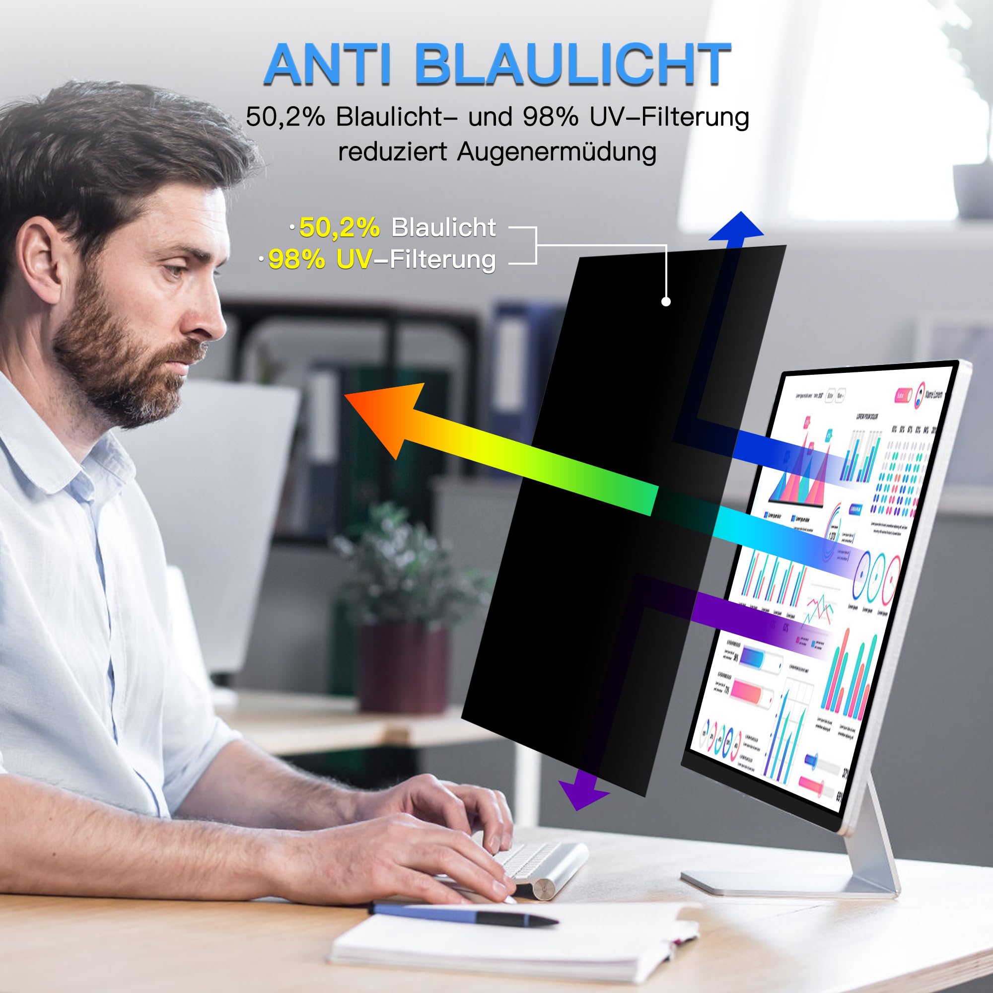 ZOEGAA Blickschutzfolie 24 zoll 16:9 für Monitor, Anti-Blaulicht 24" Sichtschutzfolie Bildschirm, Blendschutz Sichtschutz Monitor, Abnehmbar Computer Privacy Screen für HP Lenovo Dell Samsung Asus